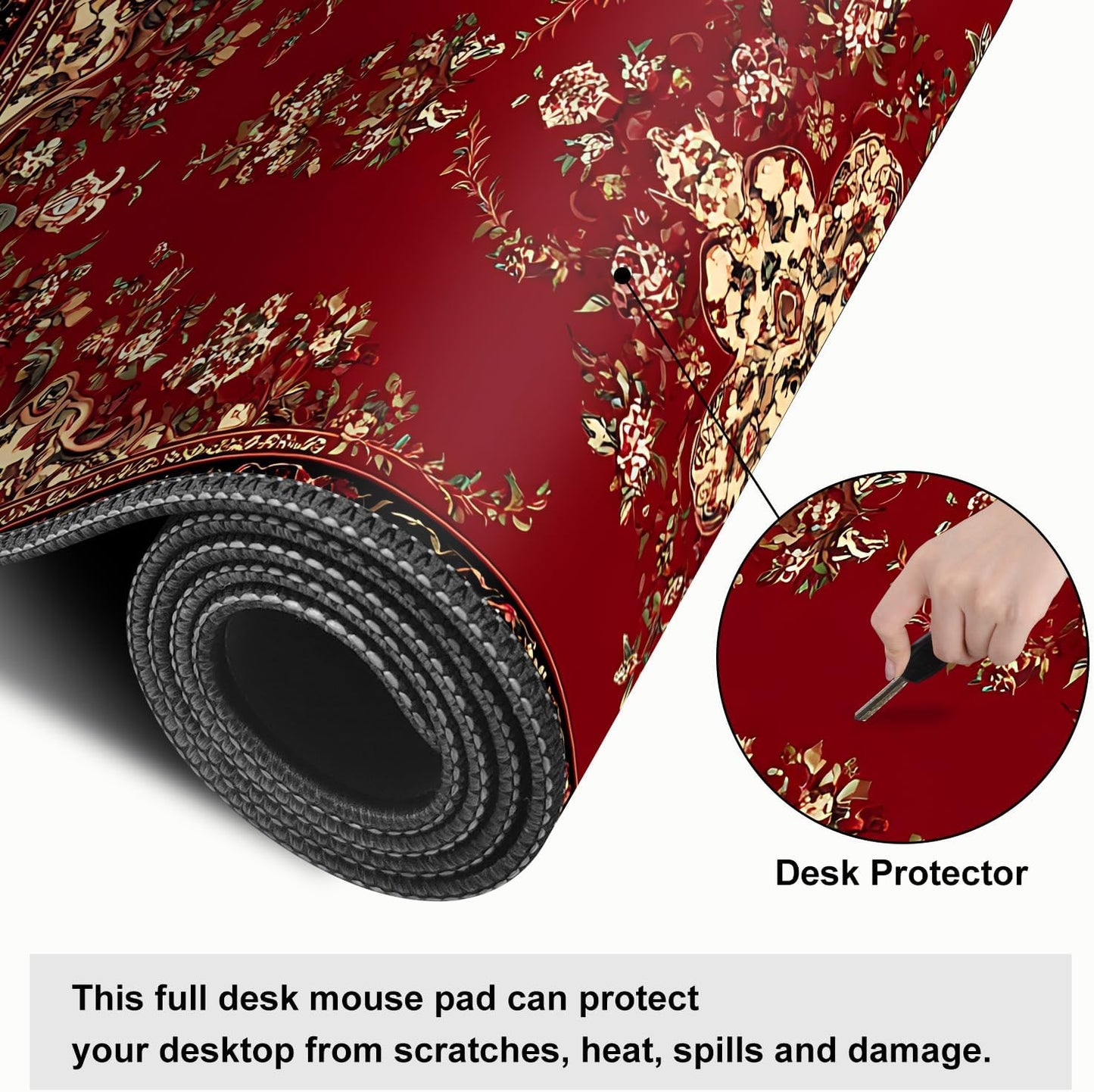 Red Vintage Persian Rug Mouse Pad – Large Extended Desk Mat 31.5 x 11.8 in– Oriental Carpet Design, Non-Slip Rubber Base, Waterproof Surface, Keyboard & Mouse Pad for Office, Gaming, Home