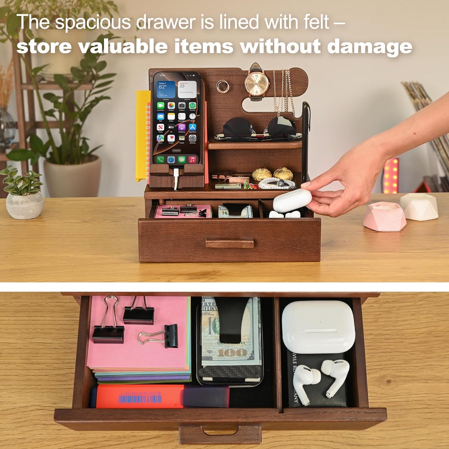 TESLYAR Wood Phone Docking Station with Drawer - Nightstand Organizer - Desk Organizer for Husband - Birthday Gifts for Men, Dad, Anniversary Idea, Key Holder Stand Watch & Accessories (Antique Brown)