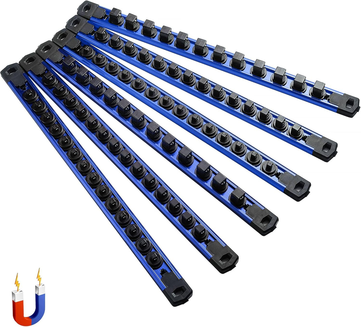 ALOANES 6-Piece Magnetic Rail Organizer, Heavy Duty Aluminum Rails, 360 Swivel Clips Socket Holder Kit for Tool Box, 1/2, 3/8, 1/4-Inch Socket Holder x 80 Clips (Blue)