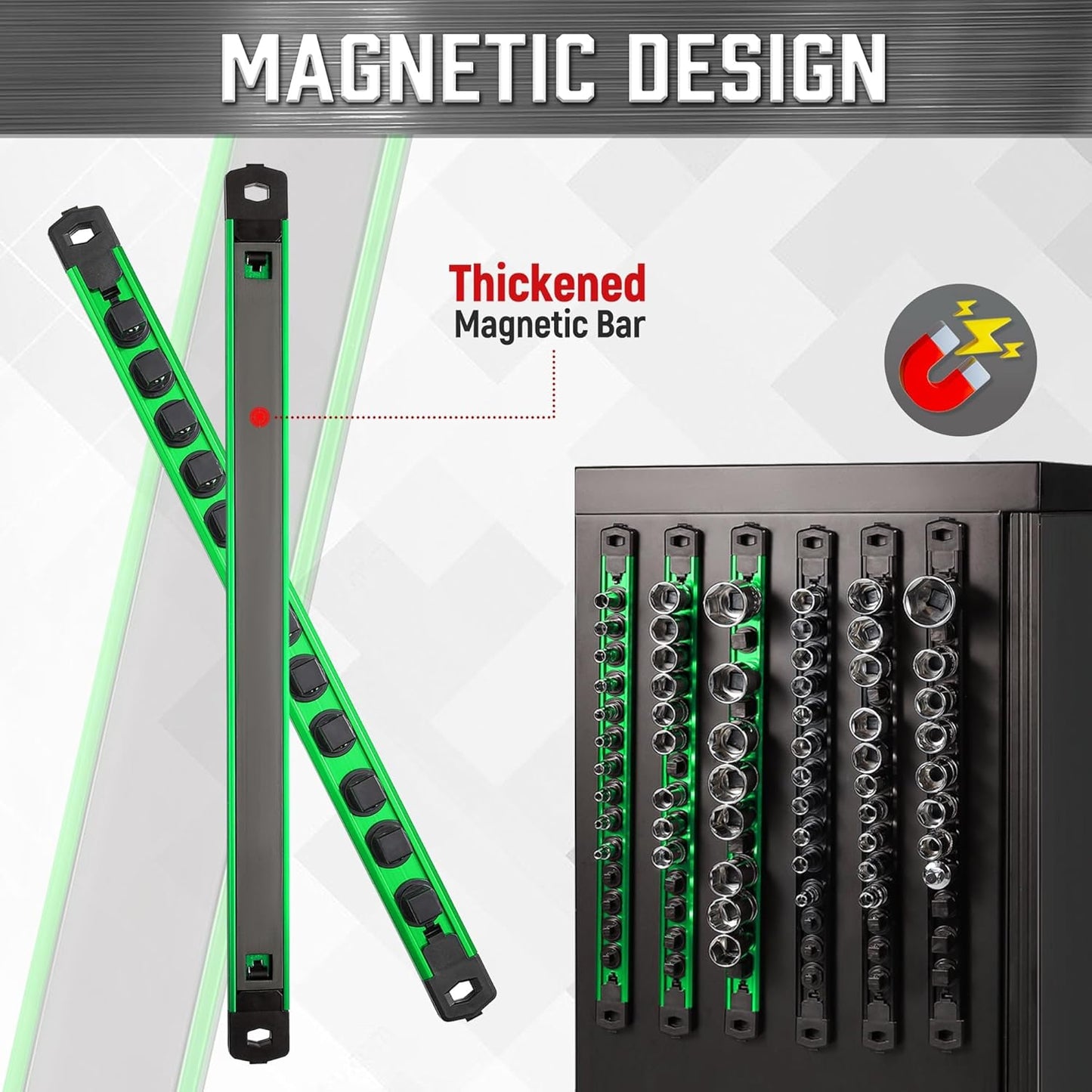 ALOANES 1/2-Inch Drive Magnetic Socket Organizer, Heavy Duty Aluminum Socket Rail Organizer, 360° Swivel Clips Socket Holder Kit for Tool Box, 1/2 Inch Socket Holder x 12 Clips (Green)