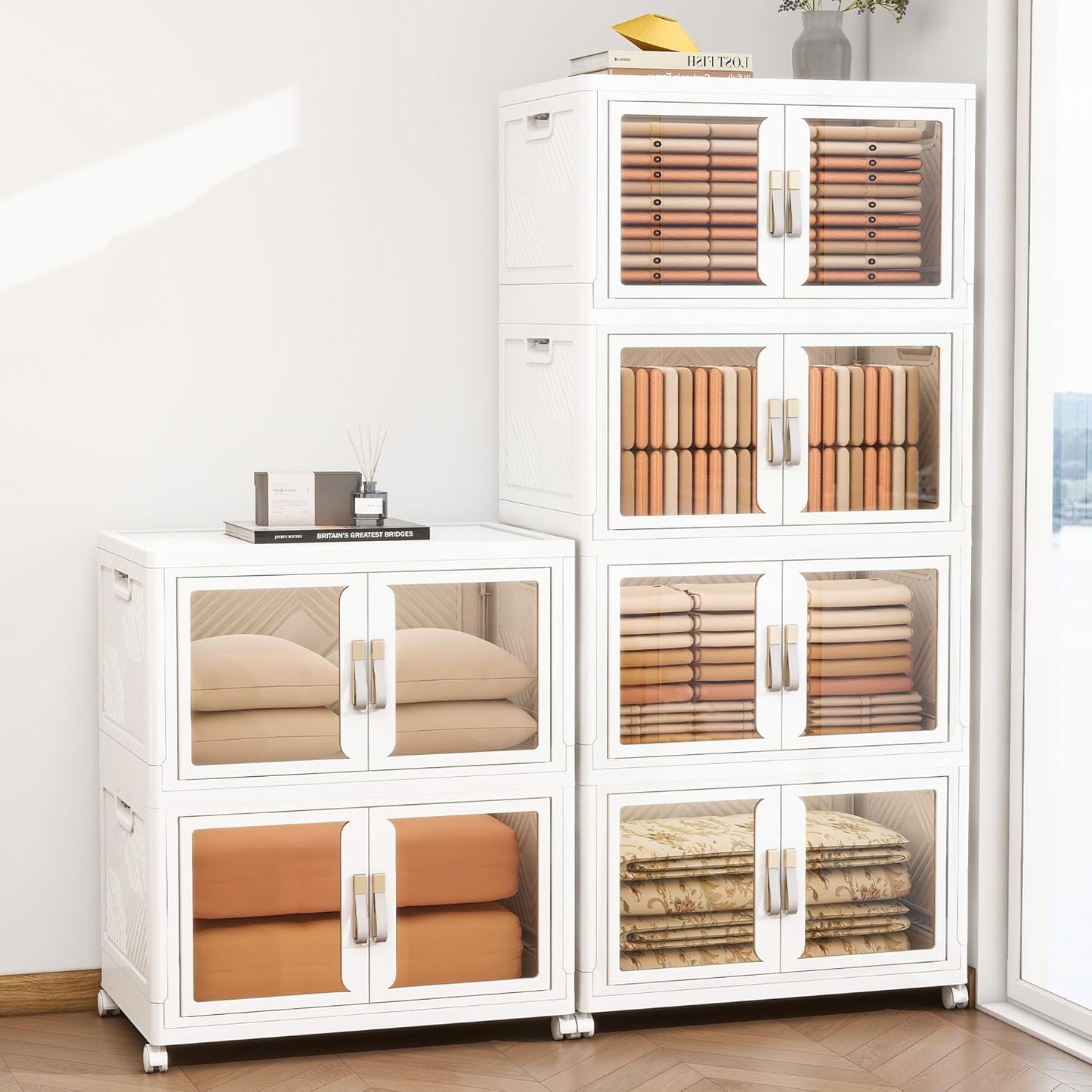 Large Clear Stackable Storage Bins with 2 Lids, Foldable Storage Cabinet for Closet Organizers and Storage, Plastic Storage Box with Wheels 942 QT