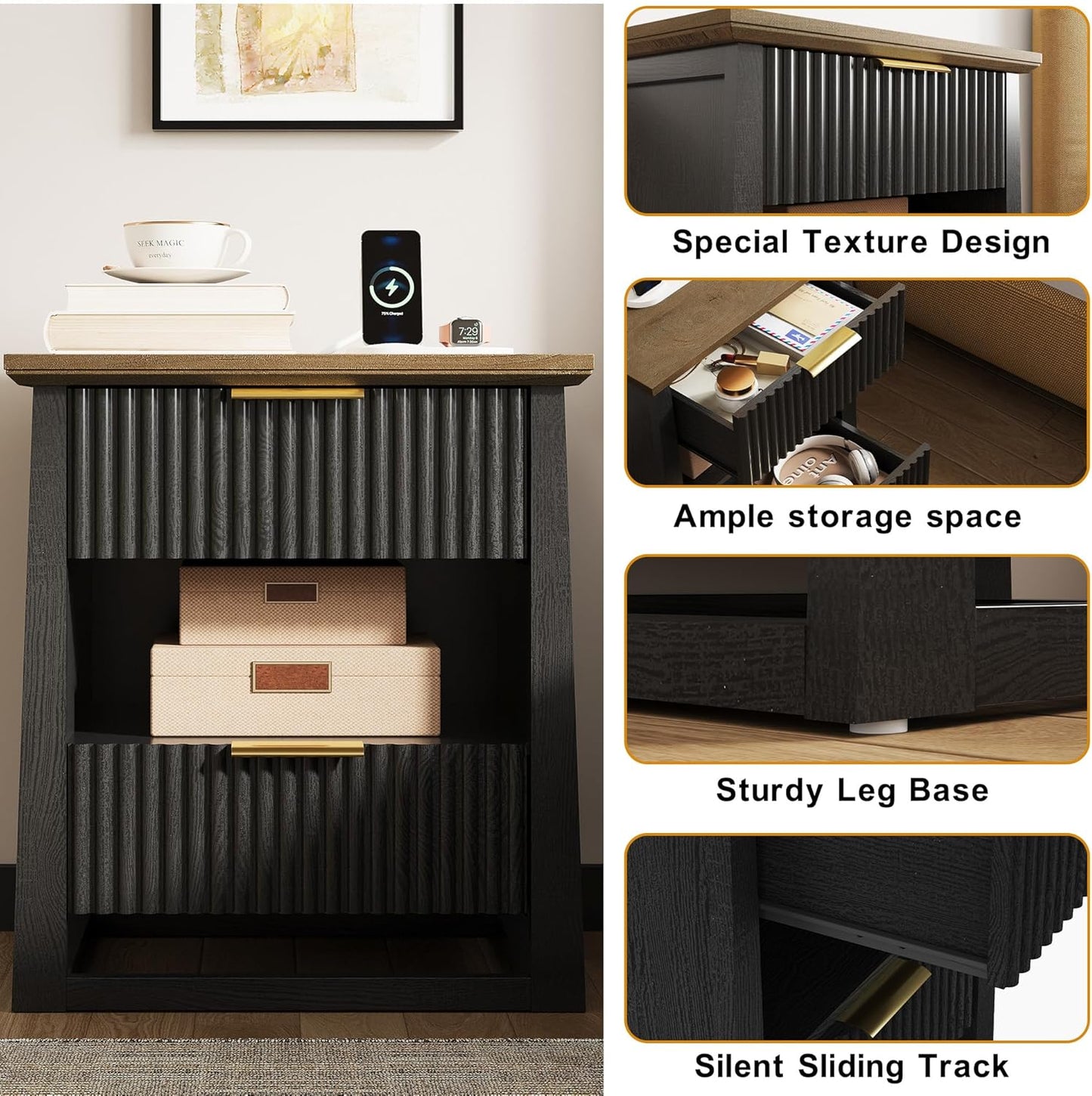 HIFYOBRO Fluted Nightstands with Charging Station & Motion Sensor Light, Modern Bedside Tables with 2 Drawers and Storage Shelf for Bedroom, Black