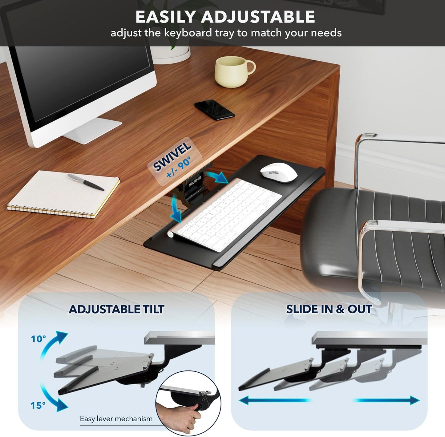 Mount-It! Under Desk Keyboard Tray – Adjustable Slide-Out Keyboard Drawer with Tilt & Swivel, 26.4" One-Piece Platform with Wrist Rest, Ergonomic Pull-Out Keyboard Holder