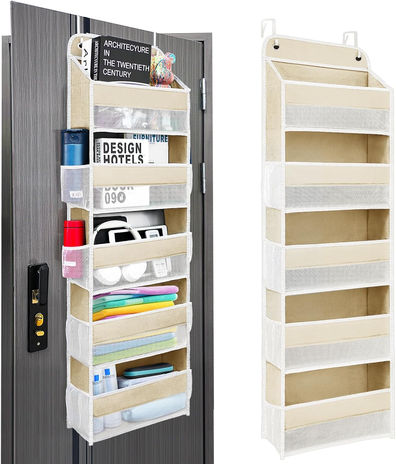 Over The Door Organizer with 8 Side Mesh Pockets, 44lb Weight Capacity Hanging Behind The Door Bathroom Organizers and Storage Suitable for Storing Toys, Shoes, Towels, Lvoy White, 5 Shelf