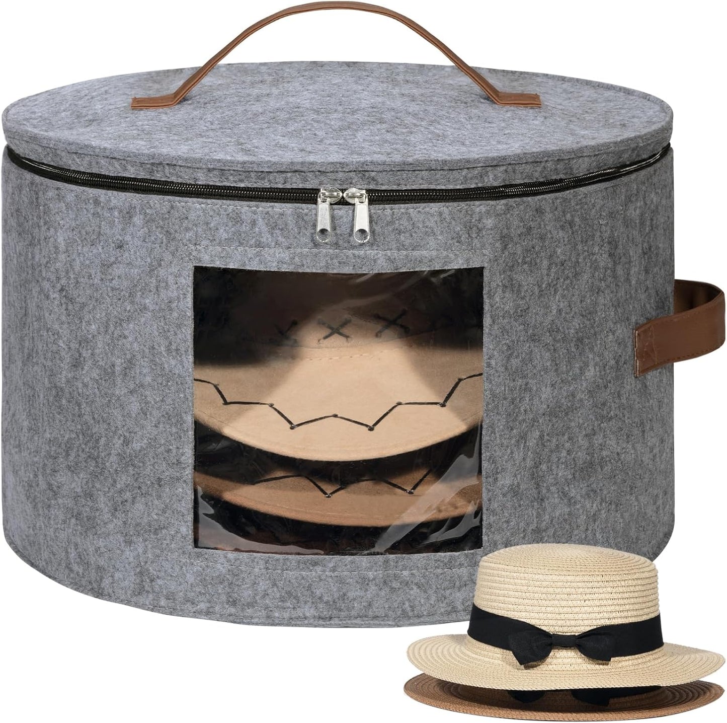 Lifewit Round Cowboy Hat Box for 7 Caps, Large Felt Hat Organizer Bag for Men & Women Storage, Baseball Cap Container with Dustproof Lid for Travel, Foldable 16.5" D x 10.6" H Carrier, Gray