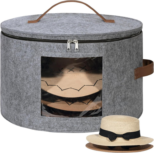 Lifewit Round Cowboy Hat Box for 7 Caps, Large Felt Hat Organizer Bag for Men & Women Storage, Baseball Cap Container with Dustproof Lid for Travel, Foldable 16.5" D x 10.6" H Carrier, Gray