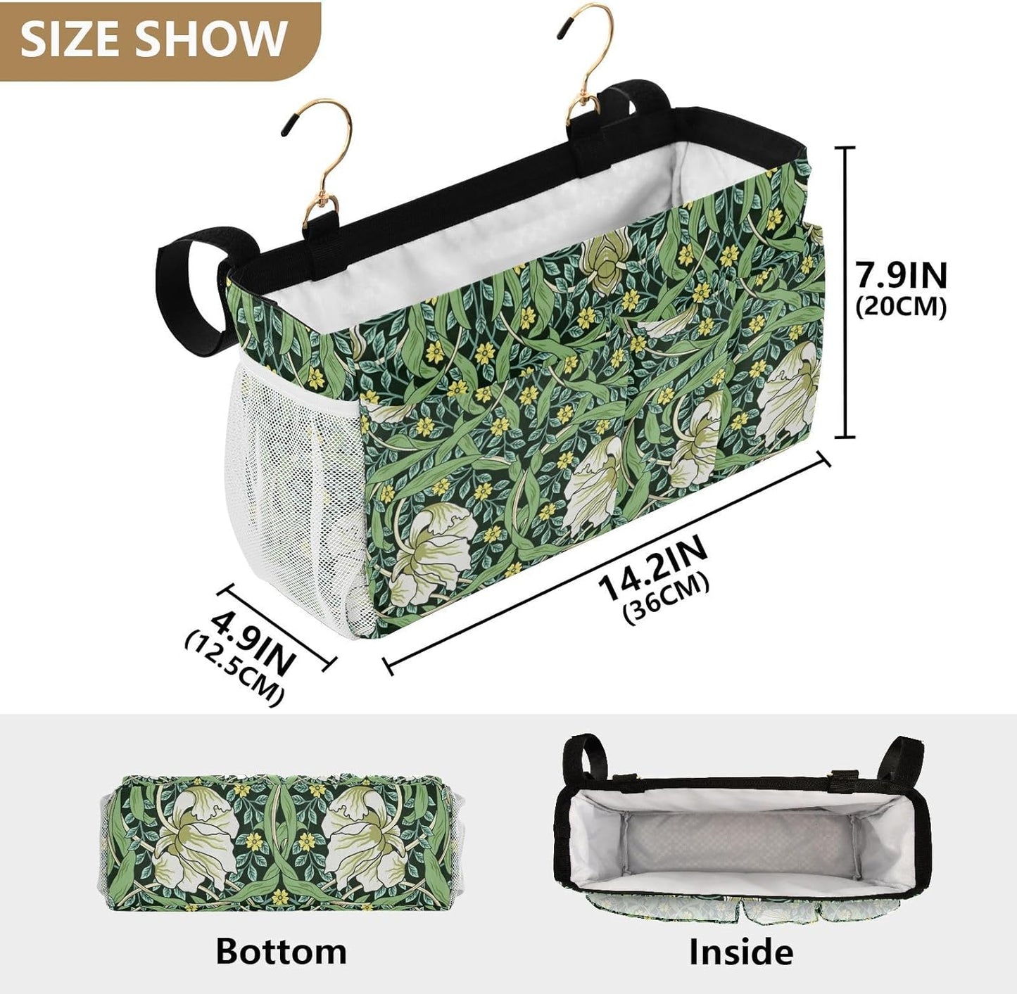 Bedside Caddy for Dorm Bed Bedside Hanging Caddy Bag Iron Frame Storage Organizer Pocket for Bunk Home College Hospital Beds 2 Hooks