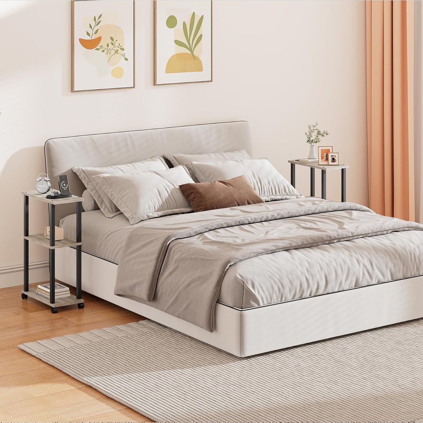 TUTOTAK Small Side Table, Narrow End Table, Bedside Table, Couch Side Table with Wheels for Living Room or Bedroom, Greige TB01BG061