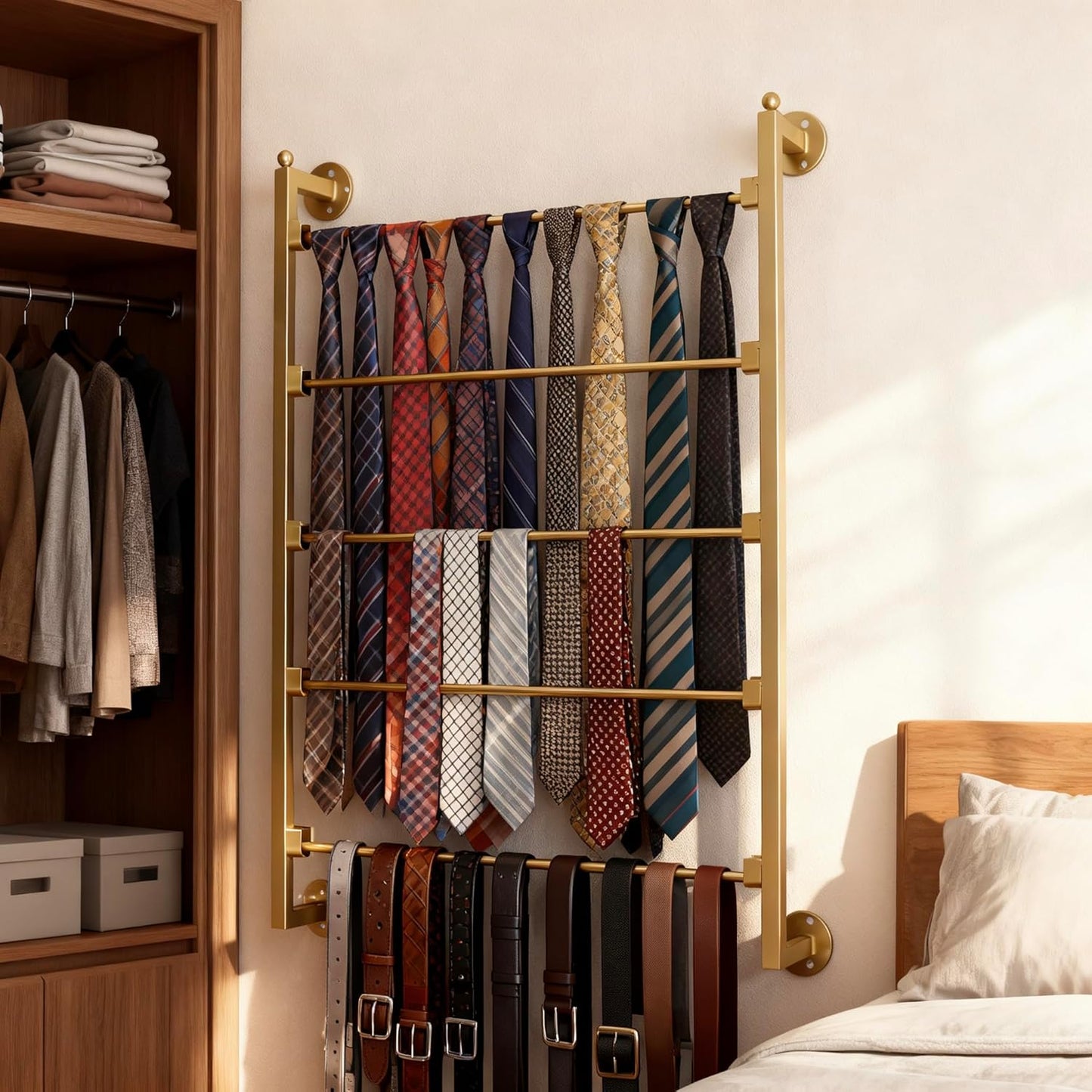 5 Tier Wall Mount Tie Rack Scarf Display Belt Pants Hangers Scarves Hijab Stand, Ribbon Organizer Holder Wrapping Paper Spool Storage Towel Rack for Retail Store,Home,Craft Room,Florist