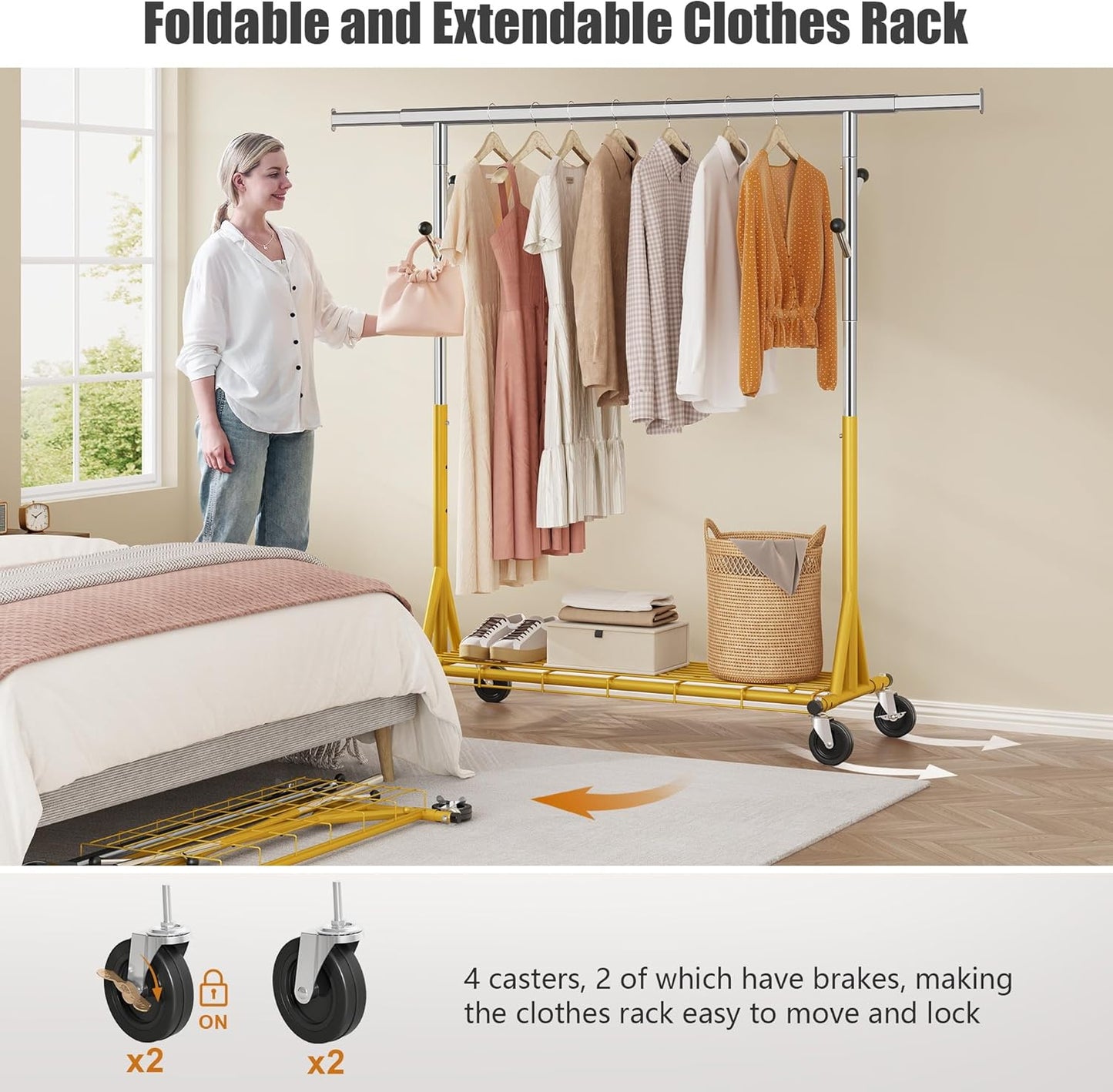Rolling Clothes Rack Load 530lbs,Heavy Duty Garment Rack With Sturdy Wheel And Shelves, Adjustable Portable Hanging Rack For Clothes, Stainless Steel, Gold