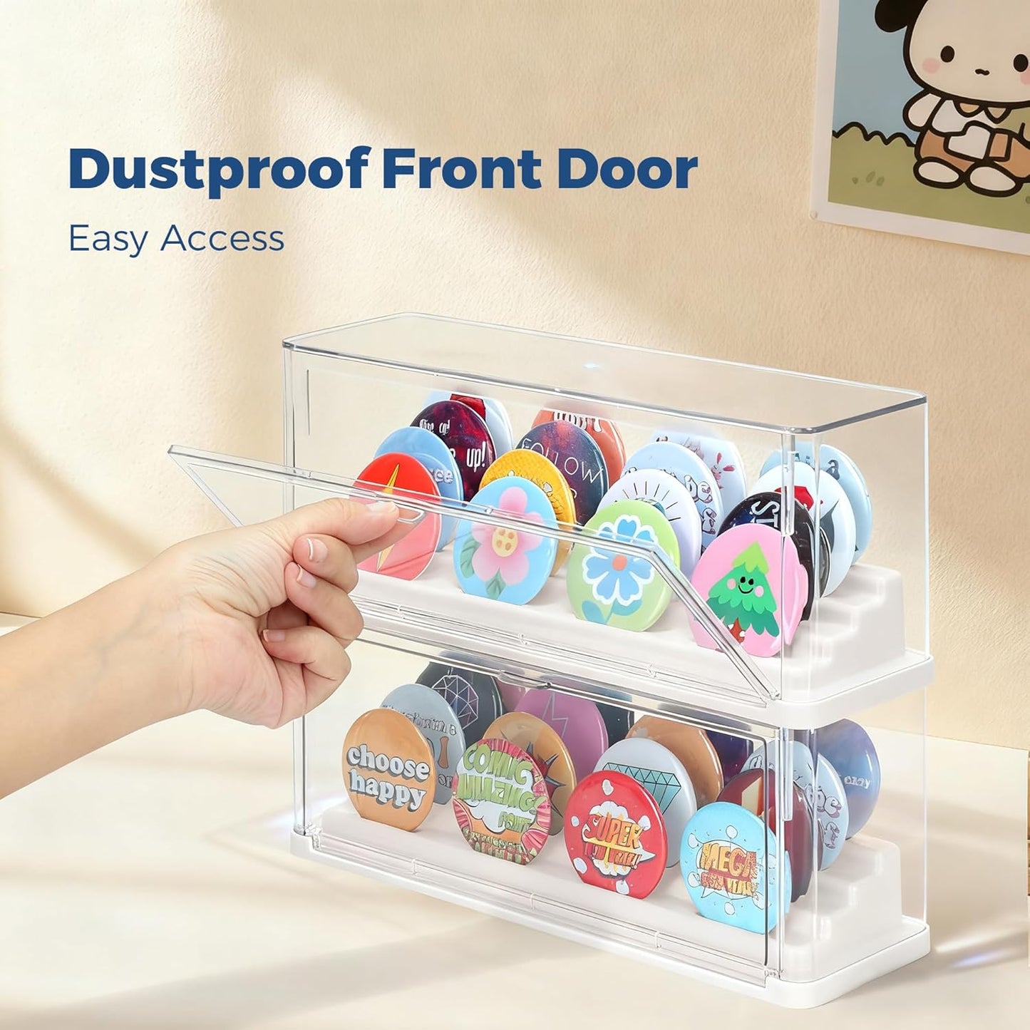 2 Pack Button Pin Display Case – 4-Tier Clear Badge Storage Box, Stackable Dustproof Pin Organizer with Front Door for Button Pins, Enamel Pins, and Collectibles (White-2 Pack)