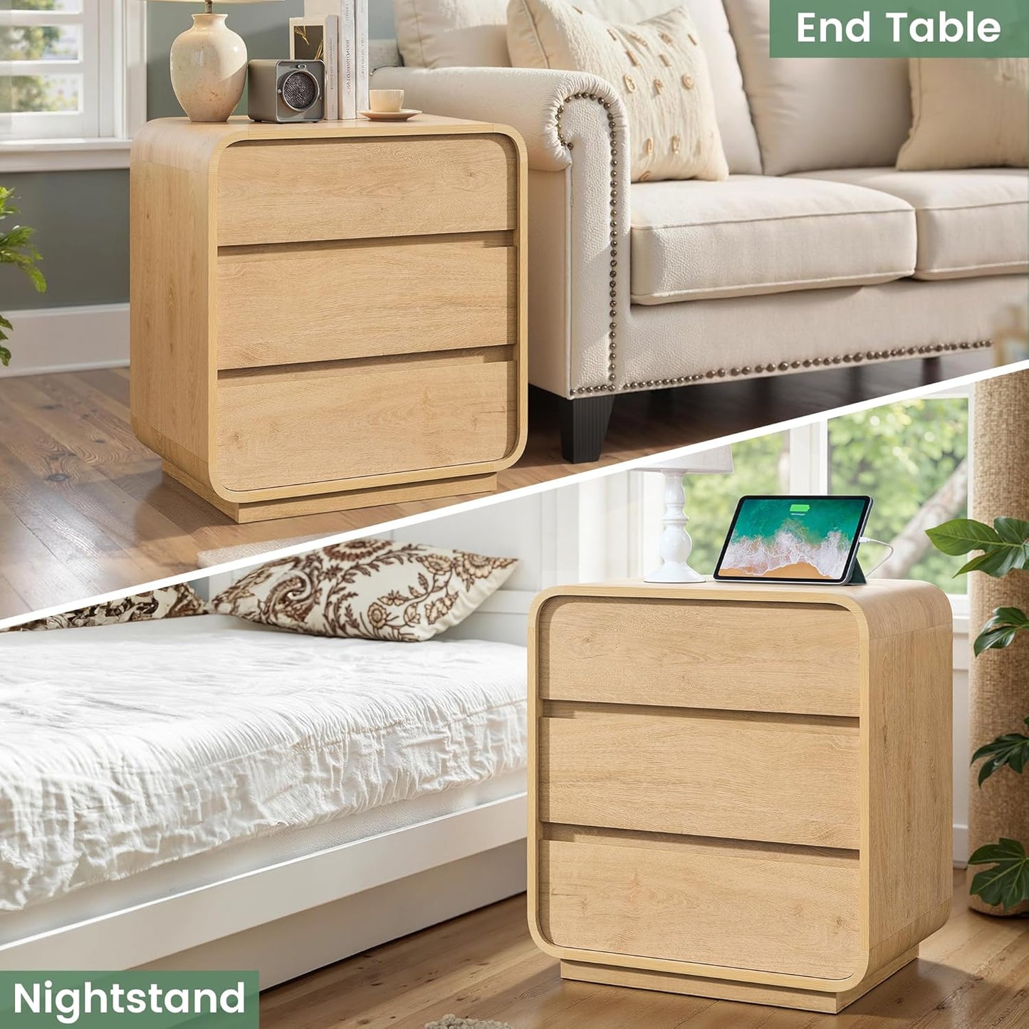 Modern Nightstand, 25" Tall Wood Bedside Table with Charging Station, 3 Drawers Dresser Side Table, Large End Table Night Stand for Bedroom, Office, Sofa, Curved Profile Design, Natural