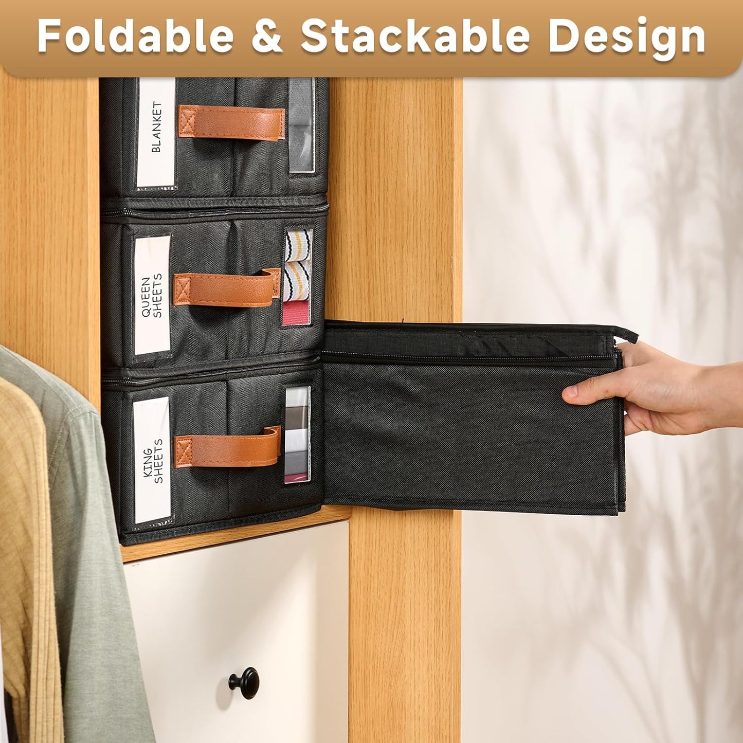 6pack Bed Sheet Organizer, Foldable Linen Closet Organizers and Storage with Sealed Design, Queen & King Size Sheet Storage with Window, Closet Organizer for Bedsheets/Blankets/Clothes, Black
