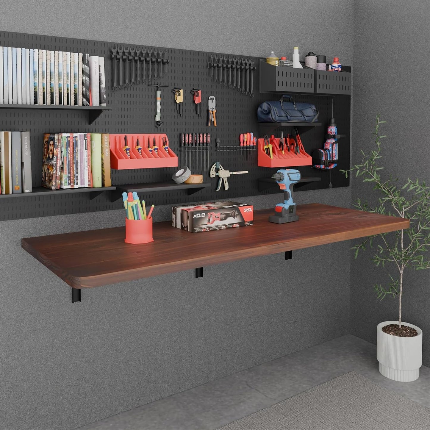 IAE Floating Wall Mounted Folding Table Desk with Pine Wood,55" x 22" Folding Workbench,Fold Down Wall Mounted Foldable Desk with Shelf Brackets,Laundry Table for Home,Dining,Office,Kitchen,Brown
