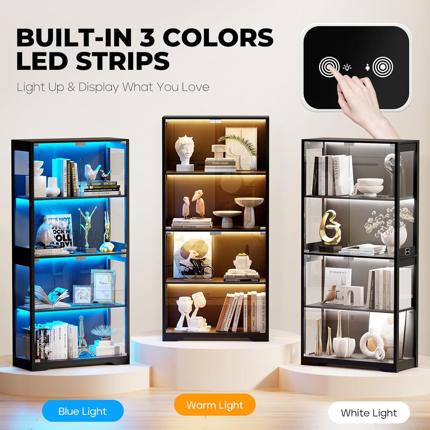 Display Cabinet with Glass Doors, 4-Tier Curio Cabinet with 3 Color Lights for Collectibles, Glass Display Case with Human Body Sensor, Bookcase with 4 Shelves, Storage Cabinets, Black