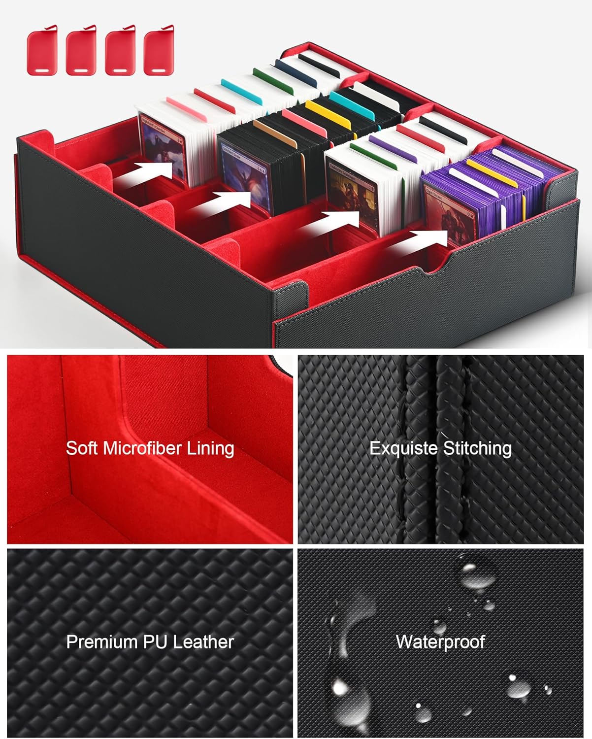 ZLCA Card Storage Box for MTG PTCG, Commander Deck Box Holds 3200+ Cards, Trading Card Storage Case with 4 Stoppers, Card Organizer for TCG Sport Cards(Black&Red)