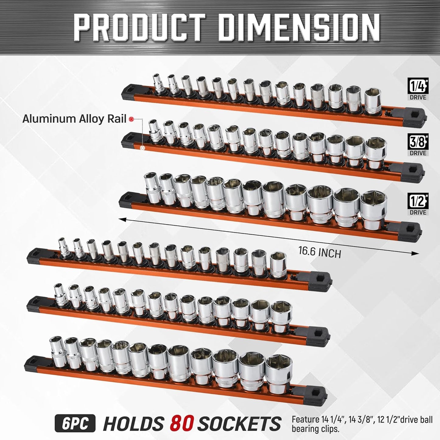ALOANES 6-Piece Magnetic Socket Organizer, Heavy Duty Aluminum Socket Rails Organizer, 360° Swivel Clips Socket Holder Kit for Tool Box, 1/2, 3/8, 1/4-Inch Socket Holder x 80 Clips (Orange)