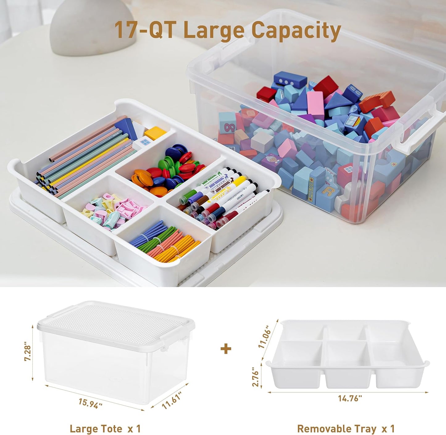 Citylife 17 QT Plastic Storage Box with Building Baseplate Lid and Removable Tray Craft Organizers and Storage Clear Storage Container for Organizing Bead, Tool, Sewing
