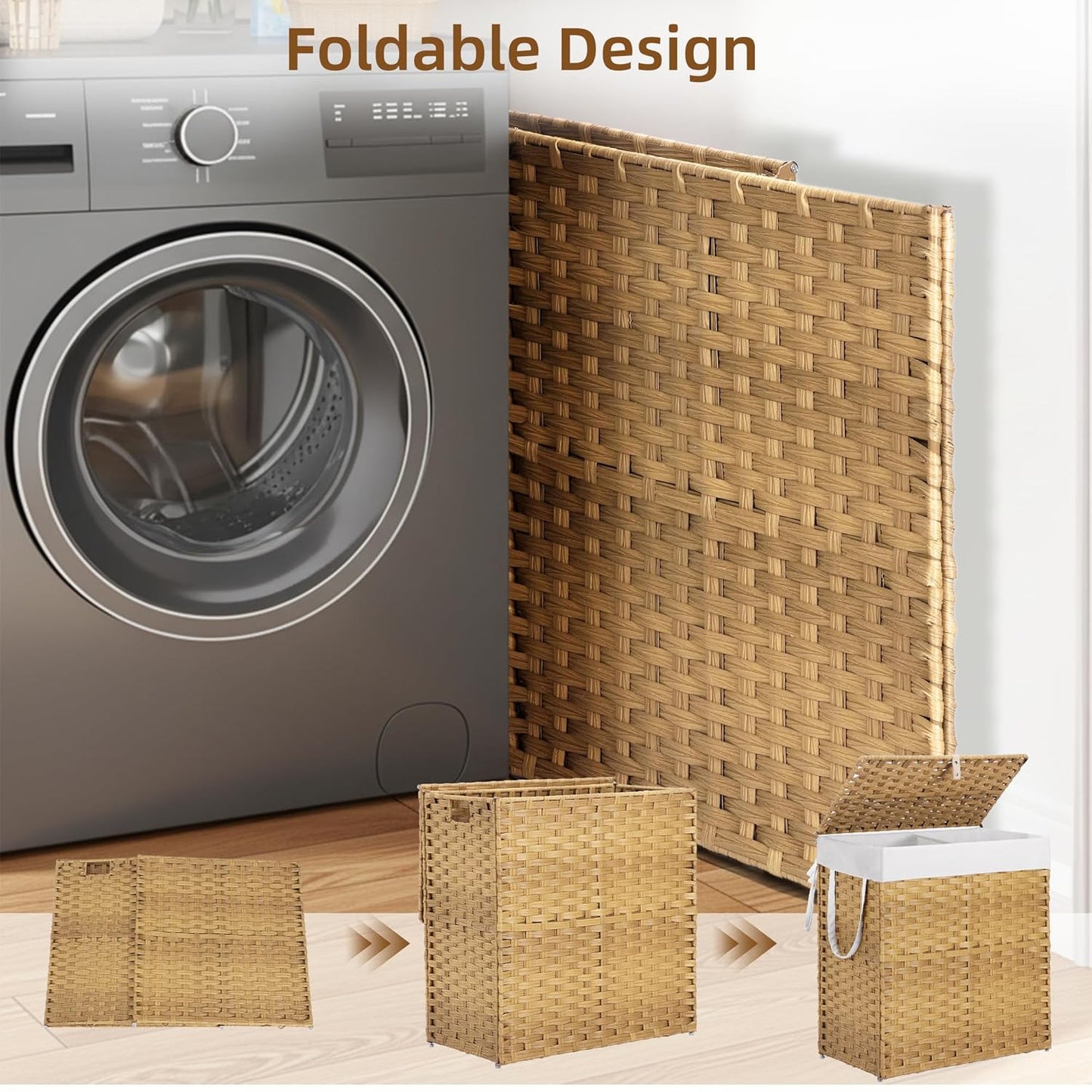 Woven Laundry Basket with Lid, Large Hamper with Removable and Machine-Washable Liner, Foldable Rattan Clothes Hamper, Sturdy Steel Frame, Odor Control, 110L Capacity, Goose Yellow