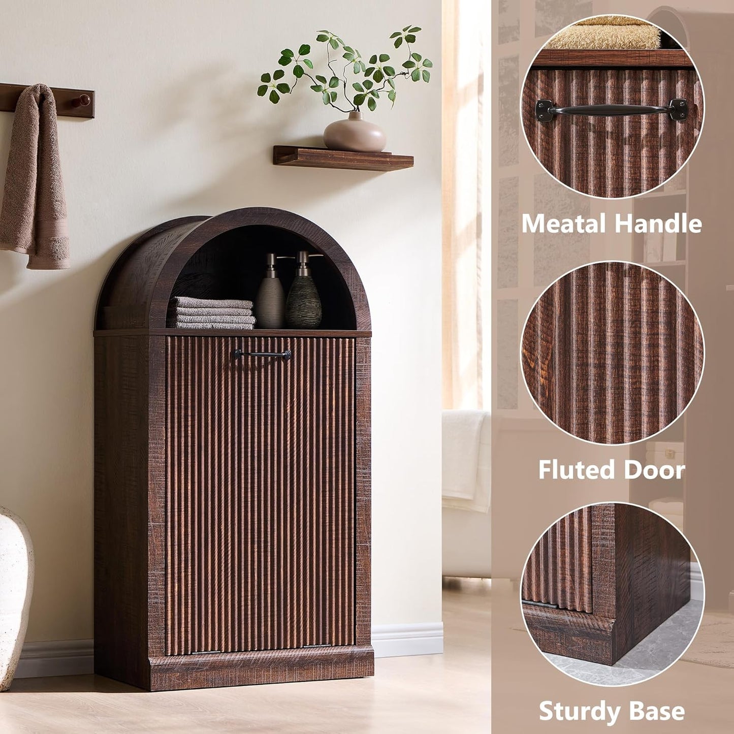 Arch Tilt-Out Trash Can Cabinet, Fluted Kitchen Trash Can 10 Gallon with Open Shelf, Modern Laundry Hamper Cabinet, Hidden Garbage Can with Storage Basket for Living Room, Kitchen Brown