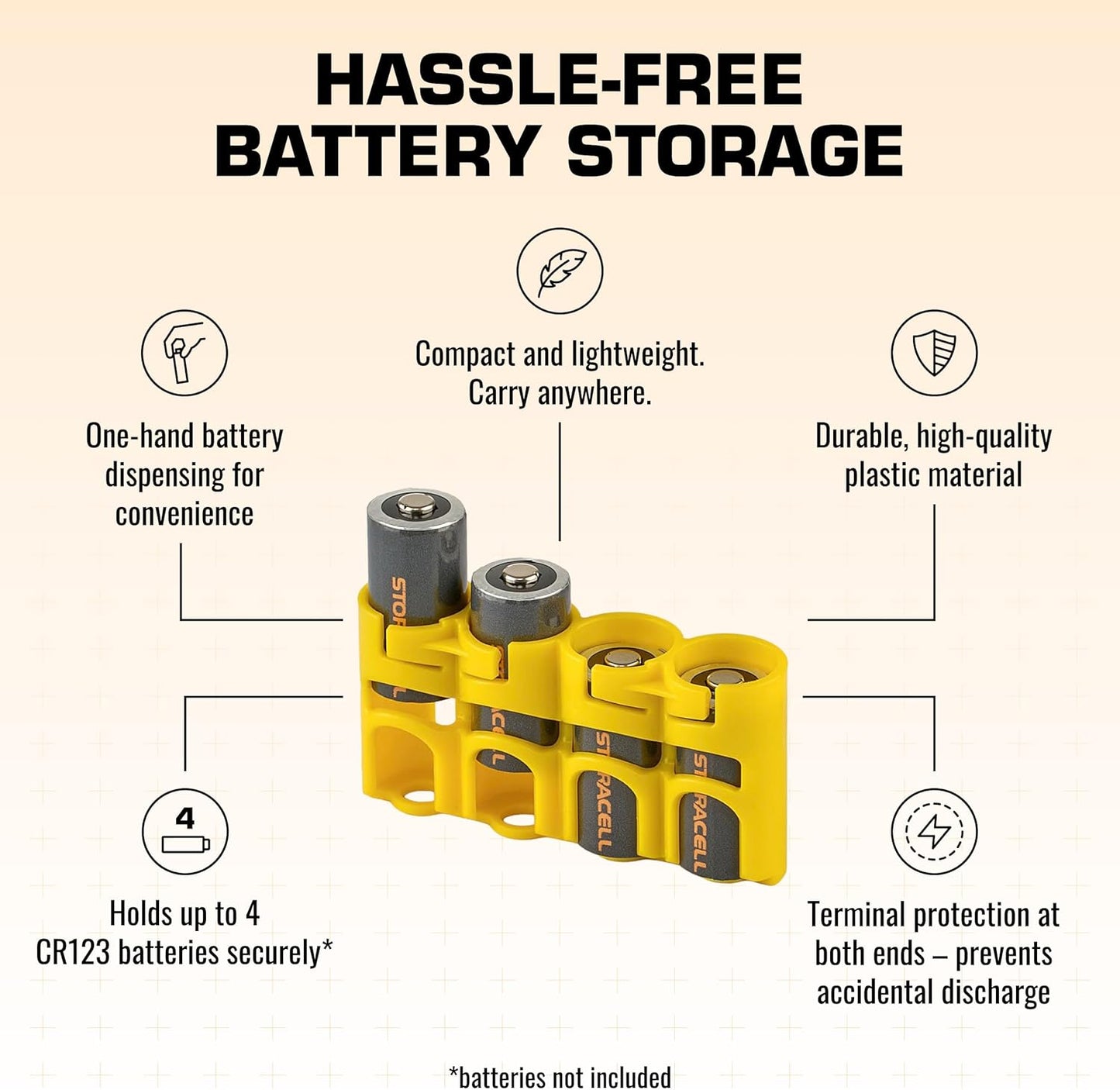 Storacell Slimline CR123 Battery Storage Caddy, Yellow, Holds 4 Batteries (Not Included)