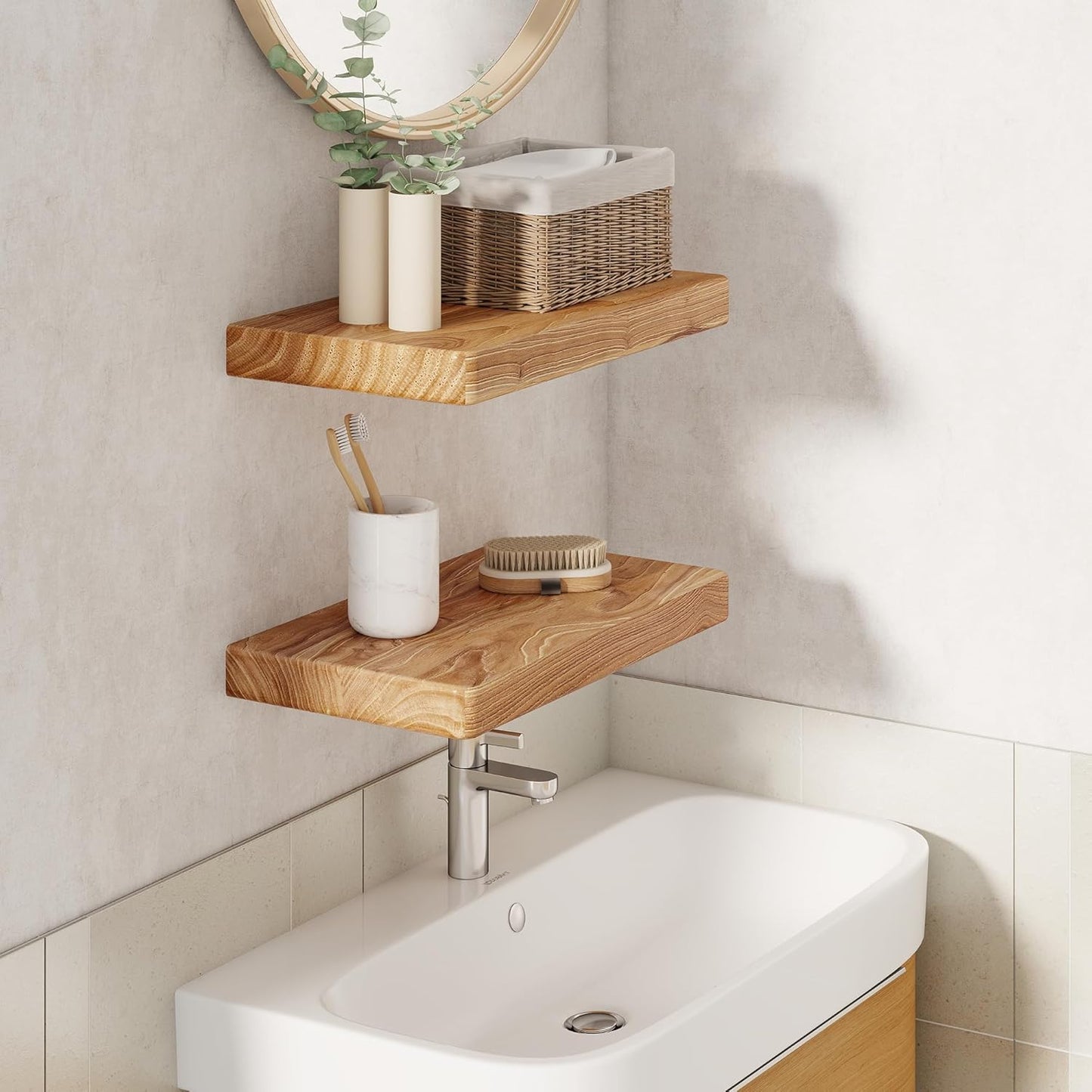Fun Memories Rustic Solid Elm Wood Floating Shelves, 16" W x 8" D Floating Shelf Wall Mounted, 8 Inch Deep Wall Shelves, Wooden Bathroom Shelf for Home, Deep Bookshelf for Living Room, Set of 2