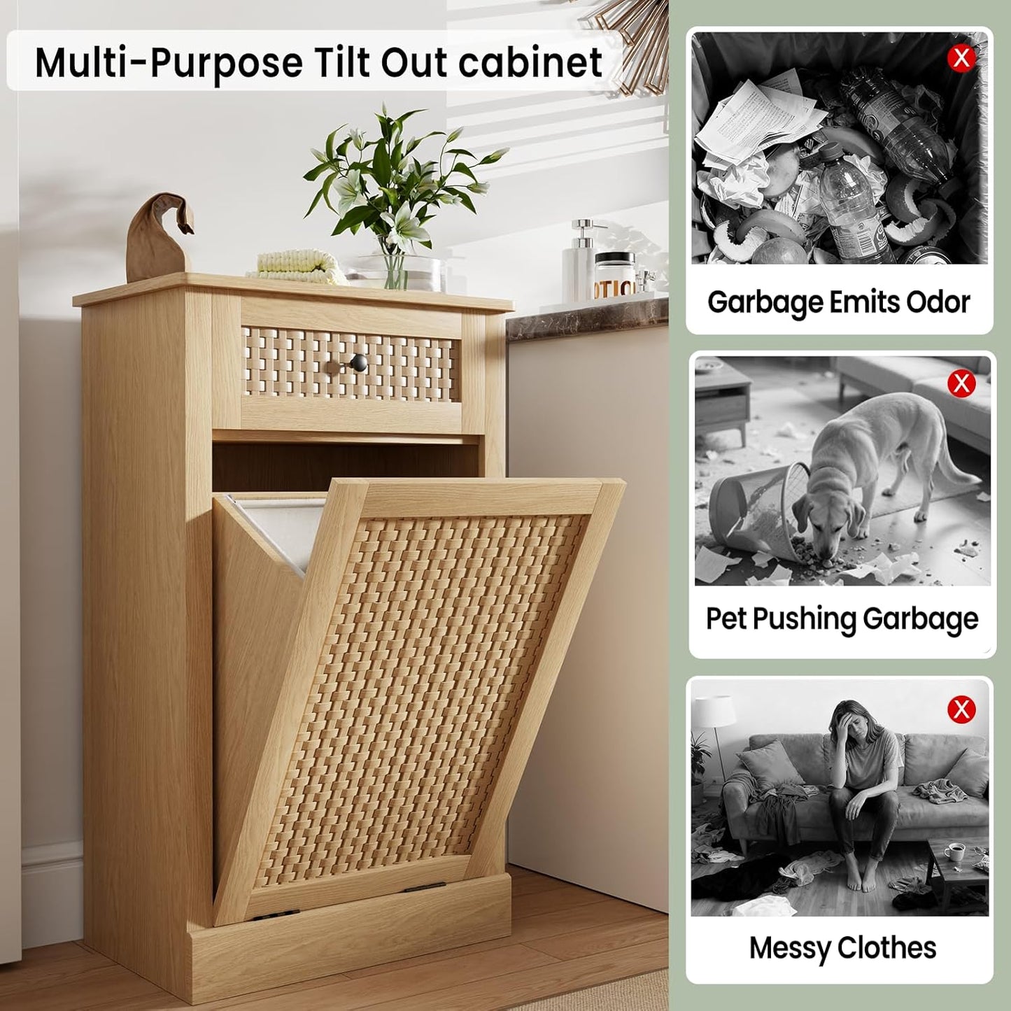 Double Tilt Out Laundry Hamper Cabinet,10 Gallon Laundry Cabinet with Drawers ＆ 2 Hidden Baskets, Farmhouse Storage Basket for Laundry Room, Bathroom, Kitchen, Wood