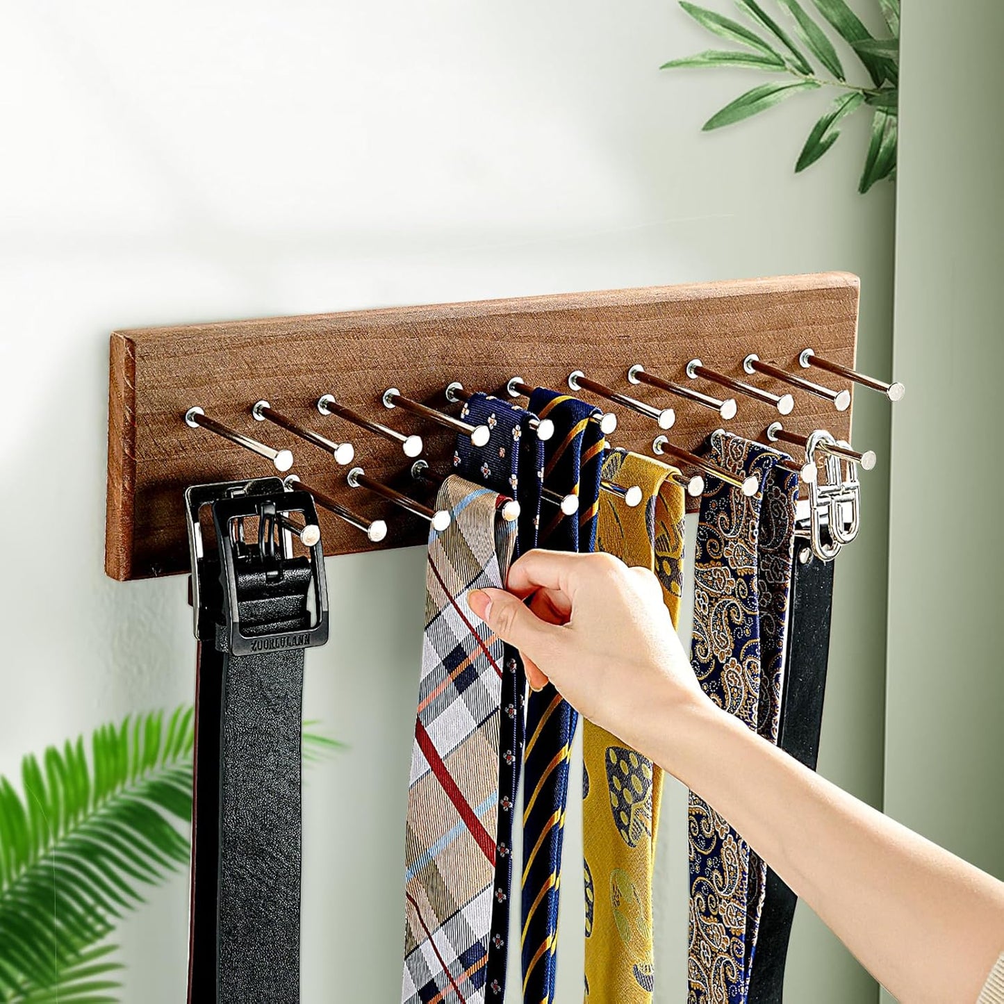 TreeHouse London Tie Rack Organizer – Holds 40 Large Ties – Solid Wood & Sturdy Metal Storage Holder for Closet – Wall Mounted Tie Display Hanger for Wall, Bedroom - (Walnut Tie Rack) 16" L X 4.25" H