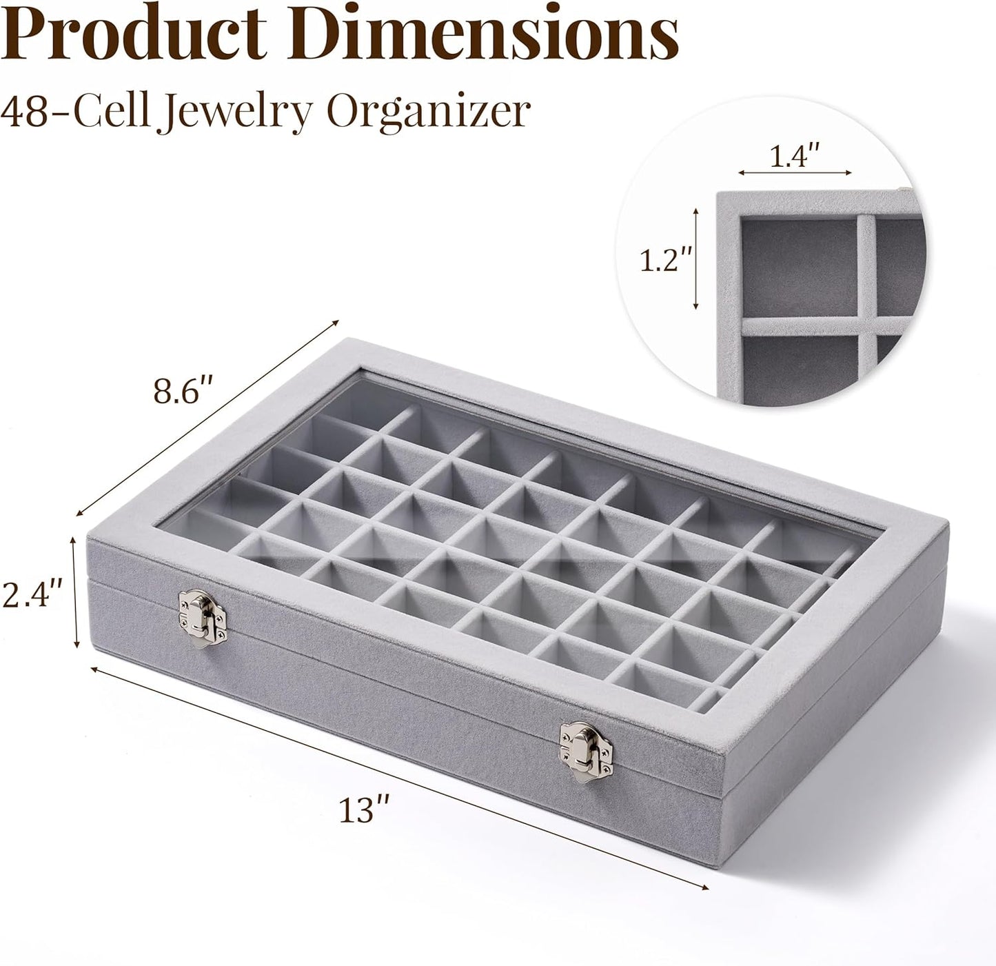 48 Grid Earring Organizer and Storage: Velvet Jewelry Tray with Lid, Jewelry Box for Studs, Earrings, Rings, Necklaces, Dresser & Vanity, Earrings Case Organizer for Girls, Women, Grey