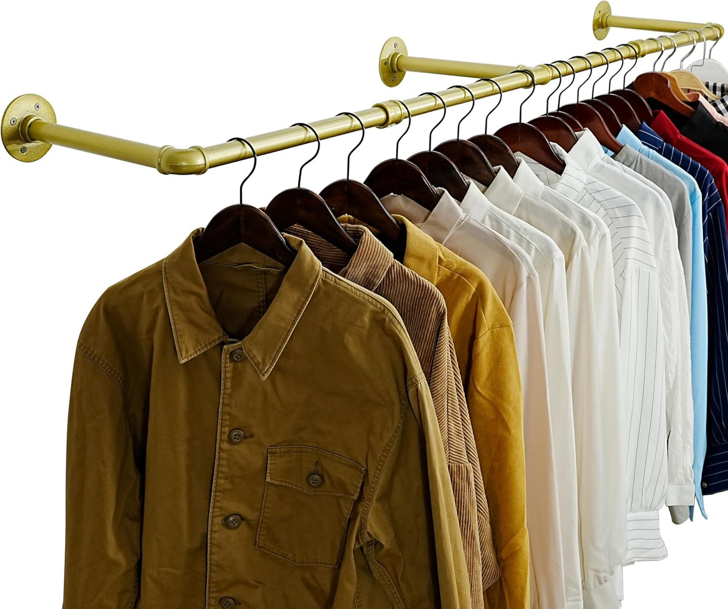 WEBI Industrial Pipe Clothing Rack,65" Wall Mounted Clothes Rack for Hanging Clothes,Heavy Duty Metal Garment Rack Bar Wall Mount Clothing Rod for Closet,Laundry Room,Gold