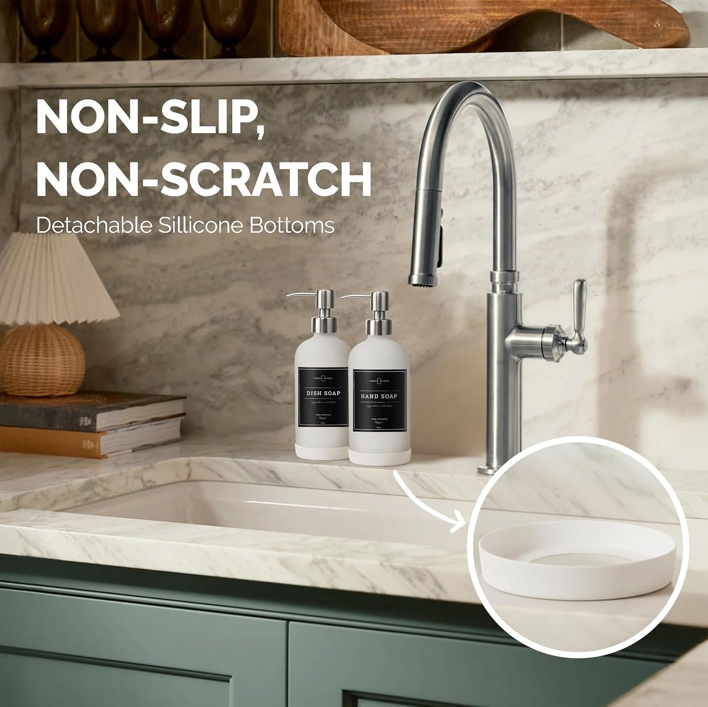 Vine Creations White Glass Soap Dispenser, 2 Pack Kitchen Soap Dispenser Set with Stainless Steel Pump, 16 oz Dish Soap and Hand Soap Dispensers for Bathroom with Waterproof Labels