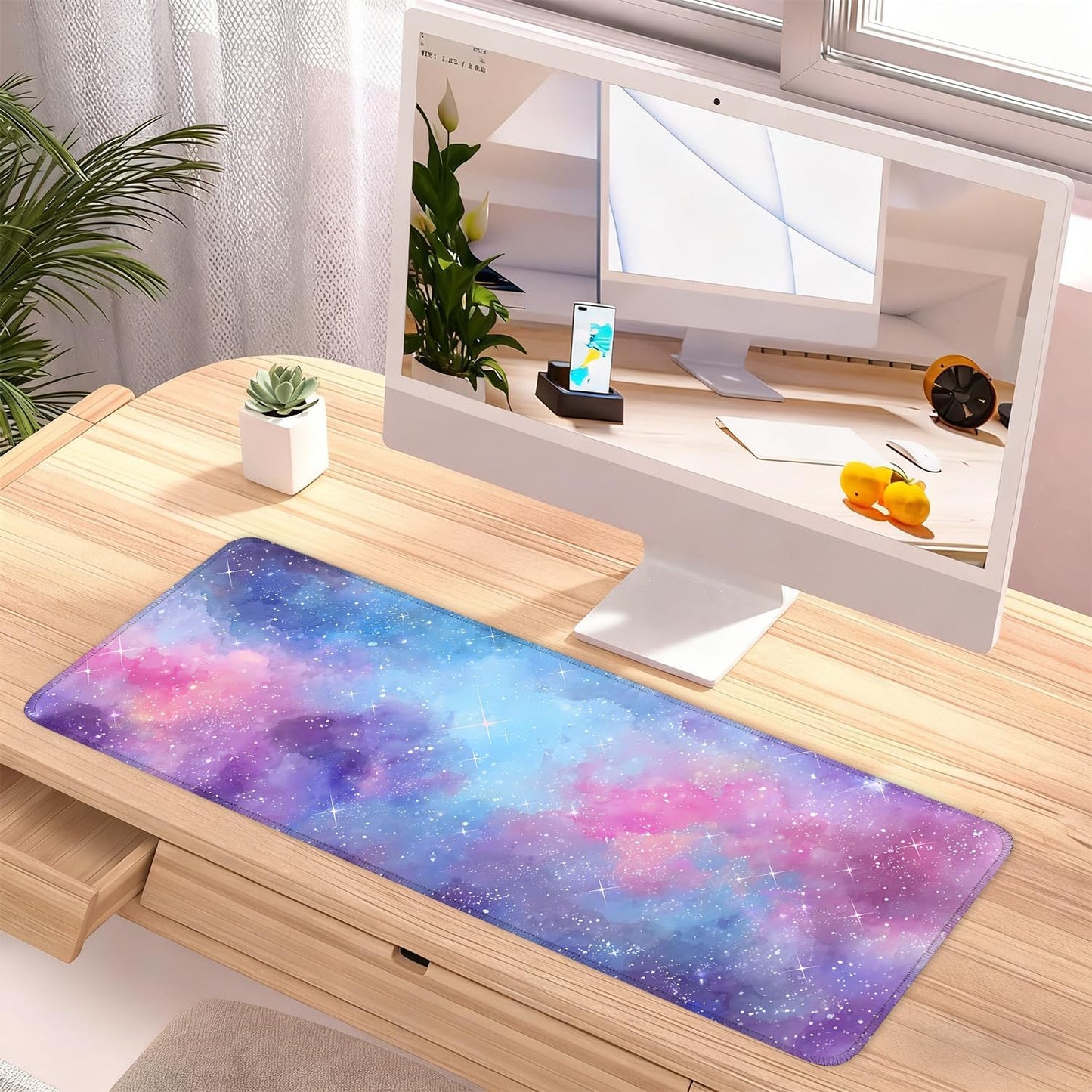 Galaxy Mouse Pad Large, Extended Gaming Desk Mat – 31.5 x 11.8 in – Watercolor Nebula Starry Sky Design, Stitched Edges, Non-Slip Base, Keyboard and Mouse Pad for Office & Home