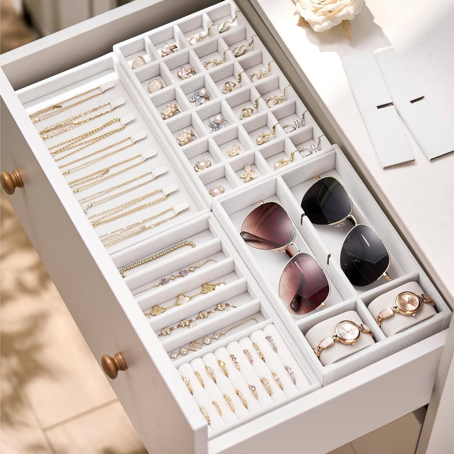 Velvet Jewelry Drawer Organizer Trays – White Stackable Jewelry Storage Inserts Set, 4-Layer Jewelry Tray Set for Earrings, Rings, Necklaces, Bracelets with Removable Dividers for Dresser & Vanity