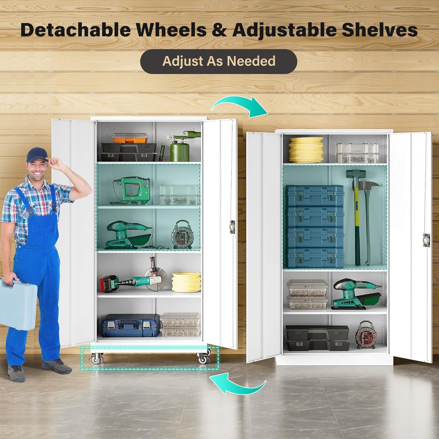 SISESOL 75" Tall Metal Storage Cabinet with Wheels,Rolling Garage Storage Cabinet with Lock,White Metal Cabinets with Wheels and Shelves,Tool Cabinets on Roller for Garage,Home,Office,Shop