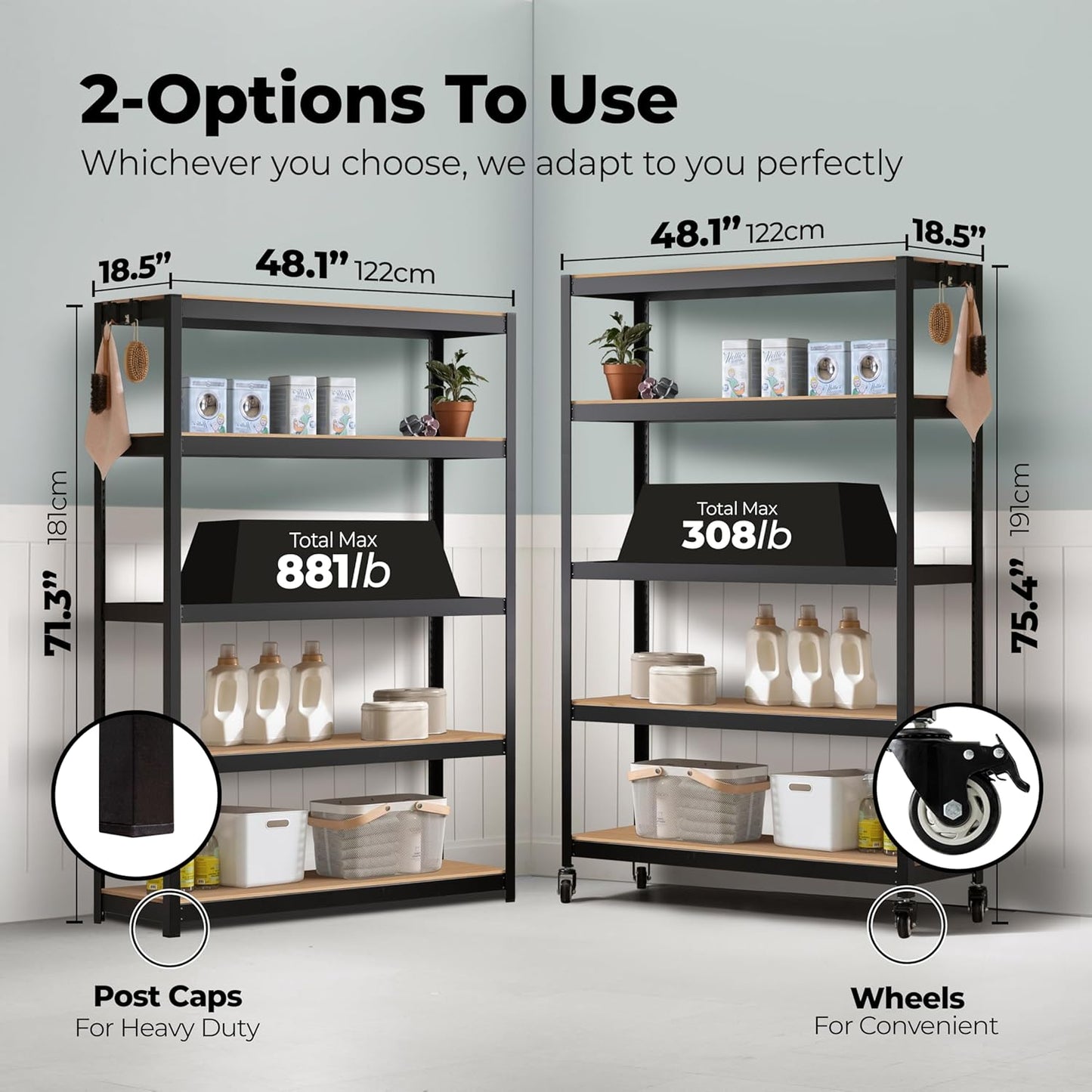 HOMEDANT House 5-Tier Metal Boltless Rolling Cart Shelf Rack Casters Heavy Duty Wheel Shelving Unit Adjustable Utility Storage Shelves Organizer Shelf Kitchen Garage 48.1" W x 18.5" D x 75.4" H 2Pack