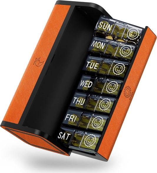Large 7-Day Pill Organizer | PU Leather Travel Case with Discreet & Aesthetic Design | Detachable, Compact Pill Box for Vitamins & Medicine (Orange)