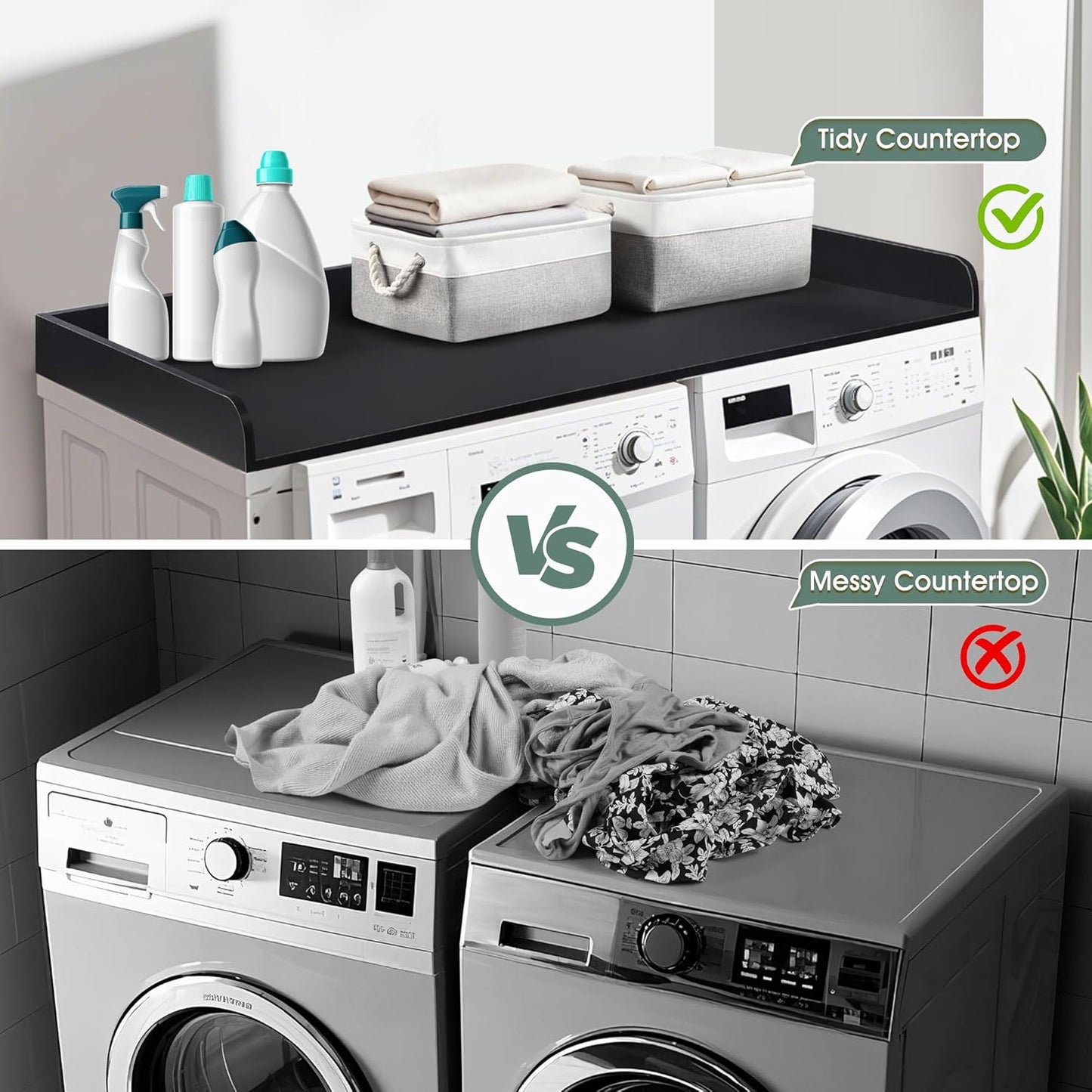 Washer Dryer Countertop with 2 Pack Storage Baskets, Wood Washer and Dryer Countertop with Non-Slip Pads/Edge Rails for Laundry Room Storage and Organization, 27.5" W x 54" L(Black)