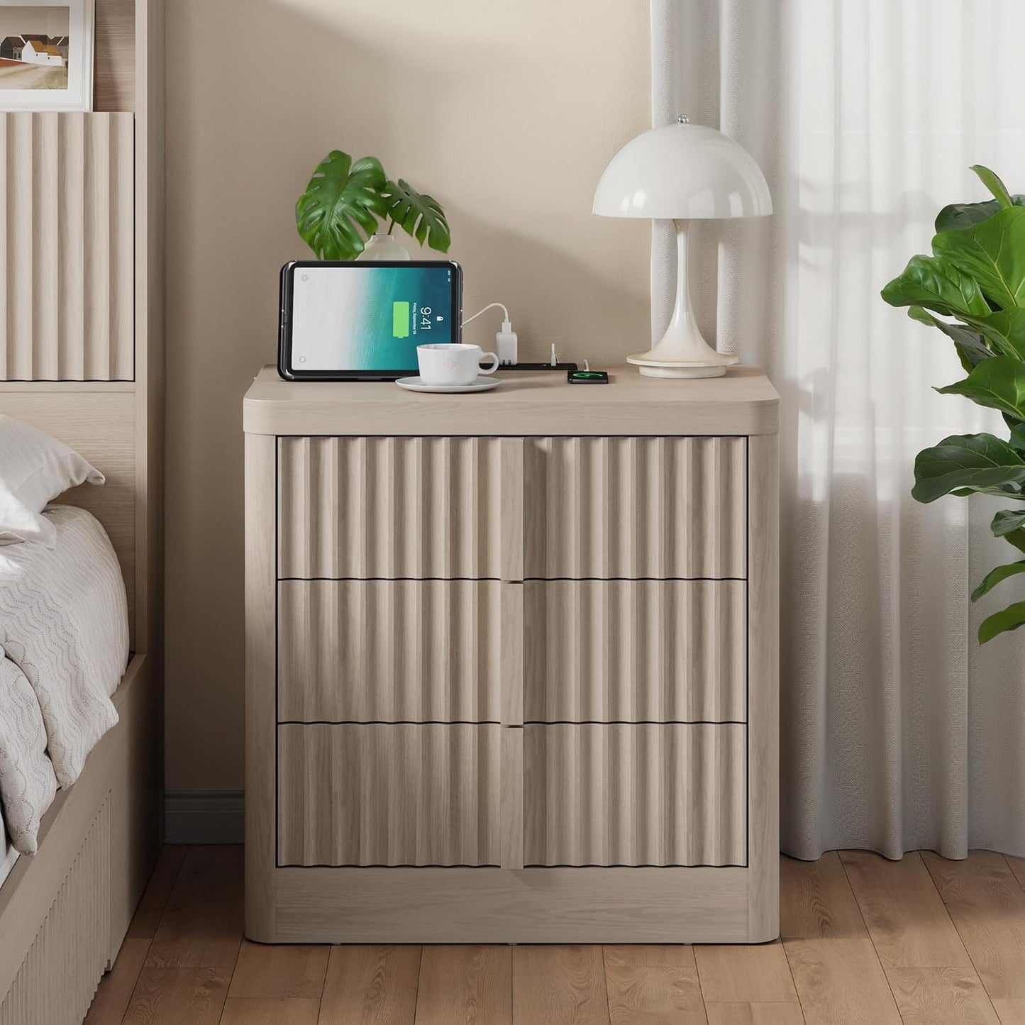 Fluted Nightstand with Charging Station, 23.6" Night Stand with Solid Wood Handle, Mid Century Modern Bedside Table End Table 3 Drawer Dresser for Bedroom, Living Room, White Alder