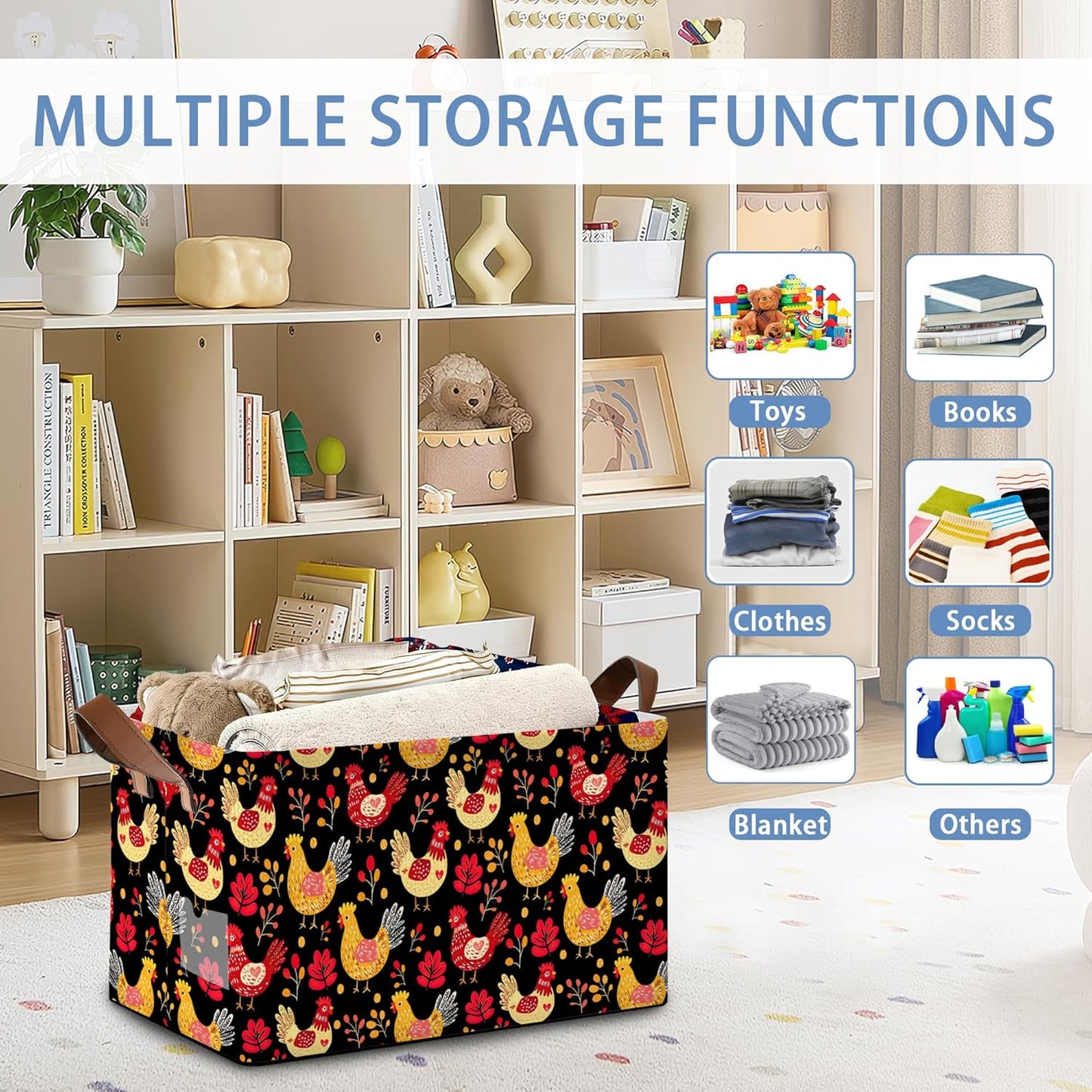 Cute Roosters Storage Basket,Leaf Collapsible Storage Bin Cubes for Living Room Bedroom Blankets Home Storage 17x11.5x10Inch