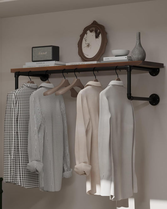 Clothes Rack 36in, Wall Mounted Garment Racks with Real Walnut Wood Shelves, Heavy Duty Hanging Clothes Rack, Multi-Purpose Hanging Rod, Space-Saving Closet Storage
