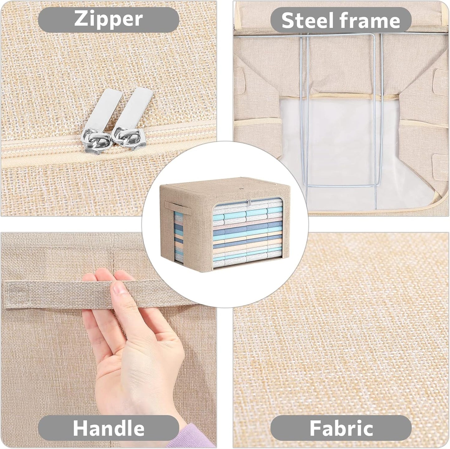FHSQX 2 Pack Clothes Storage Bins Stackable Metal Frame Storage Box Foldable Linen Fabric Box Organizer with Carrying Handles and Clear Window (Beige, 15.7x 11.8x 11.7 Inch)