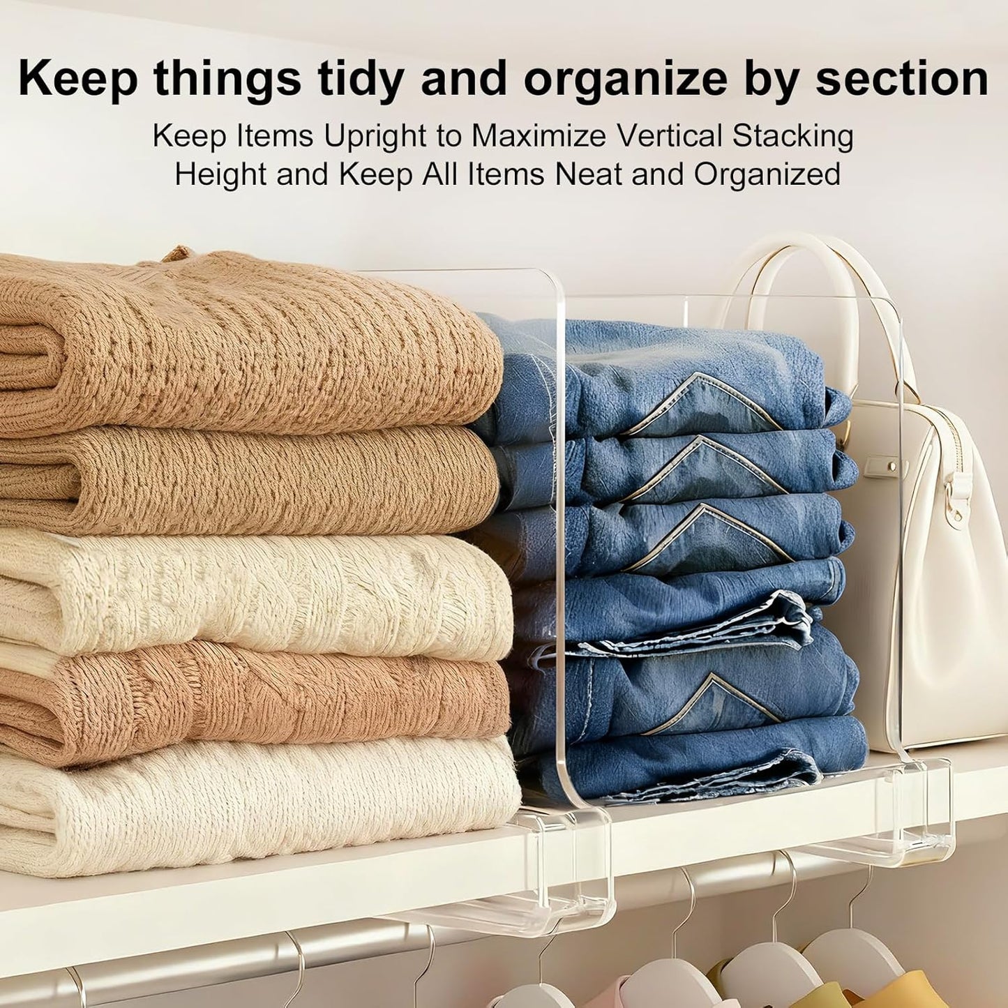 Purse Organizer for Closet Shelf Dividers: 16-Pack Adjustable Clear Acrylic Bag Storage Organizer for Handbags, Sweaters, Towels, Jeans and Shoes on Wood Shelves