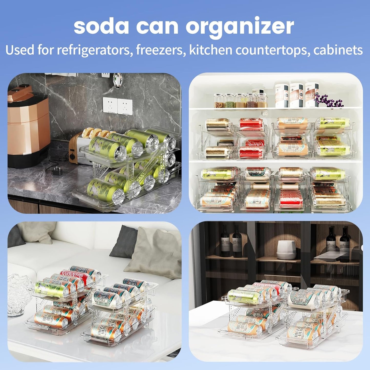 Drink Organizer for Fridge Soda Holder for Refrigerator Can Dispenser,Adjustable Width Can Holders for Fridge Suitable for Storage Cabinet and Pantry Clear (2 Pack)