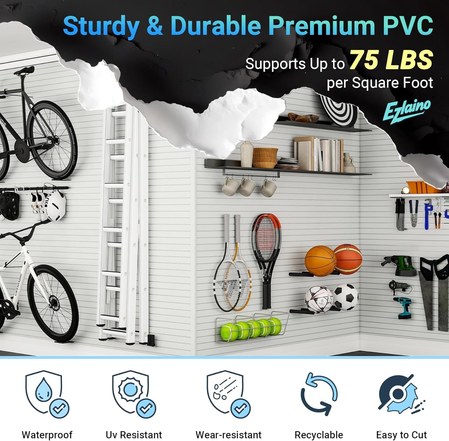 Ezlaino PVC Slat Wall Paneling 4FT x 2FT, Thickened & Durable, Waterproof, Versatile | Fits Most Slatwall Accessories (Not Included) | Ideal for Garage, Home & Store Organization, White
