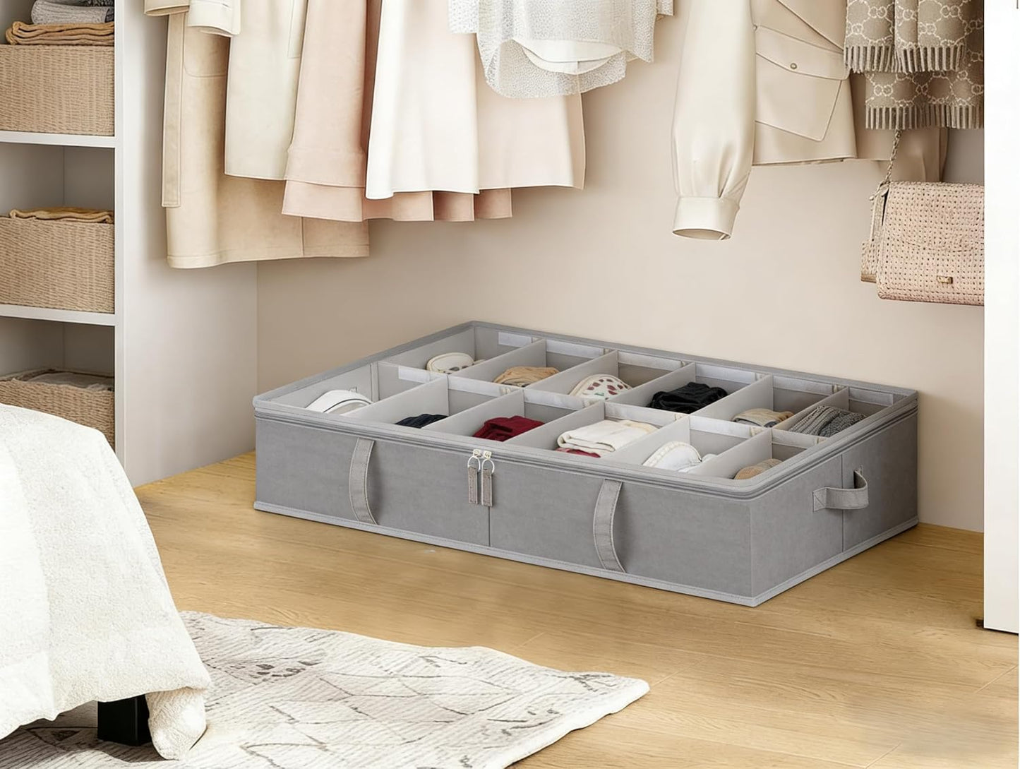 StorageWorks Shoe Organizer for Closet, Fits up to 24 Pairs, 2-Pack Ultra-thick Fabric Under Bed Shoe Storage Containers with Bottom Support and Adjustable Dividers, Grey