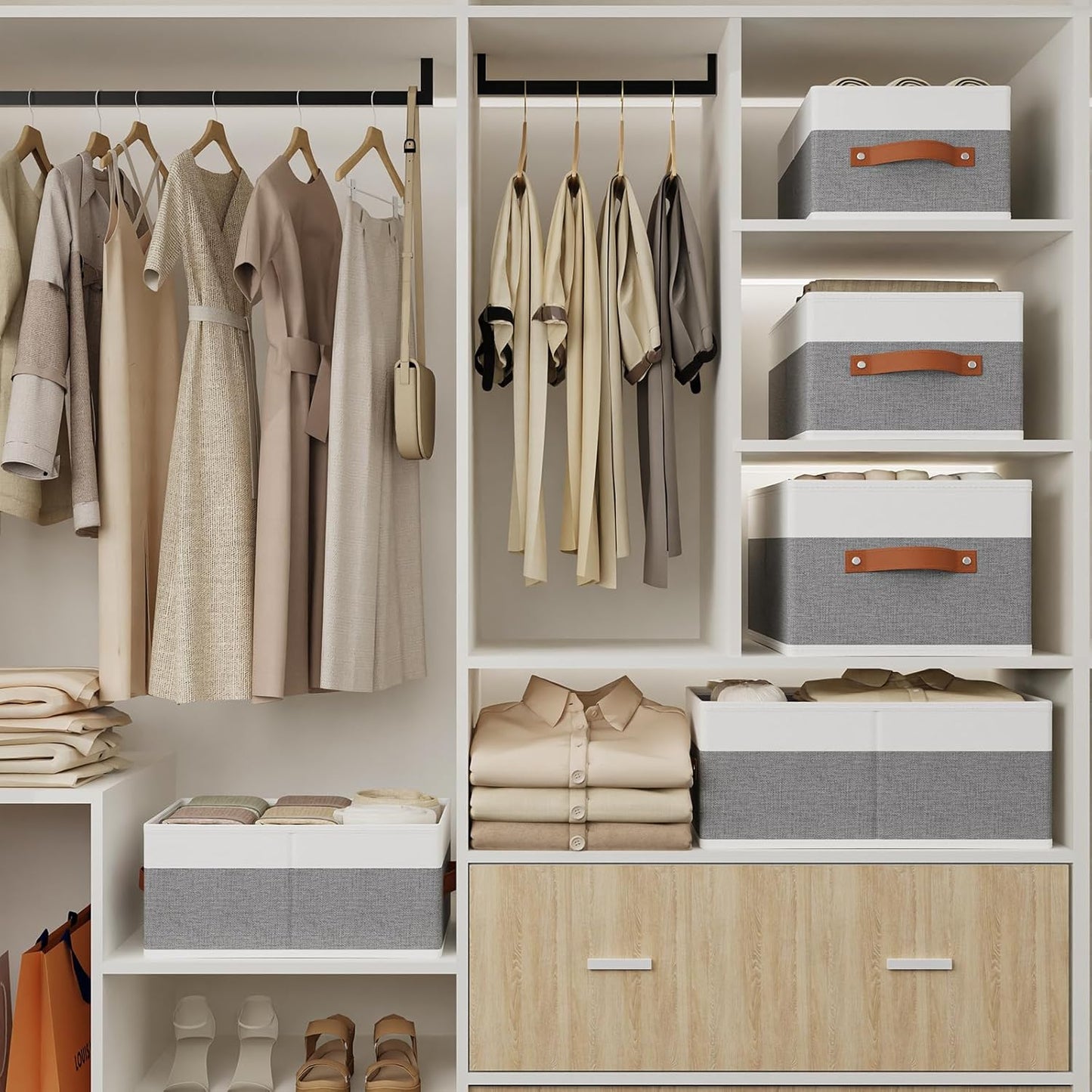 Clothing Storage Boxes, Drawer Organizers with Handles, Cube Organizer Bin for Organizing, 13 × 9.1 × 5.5 Inch, White and Grey, 6-Pack