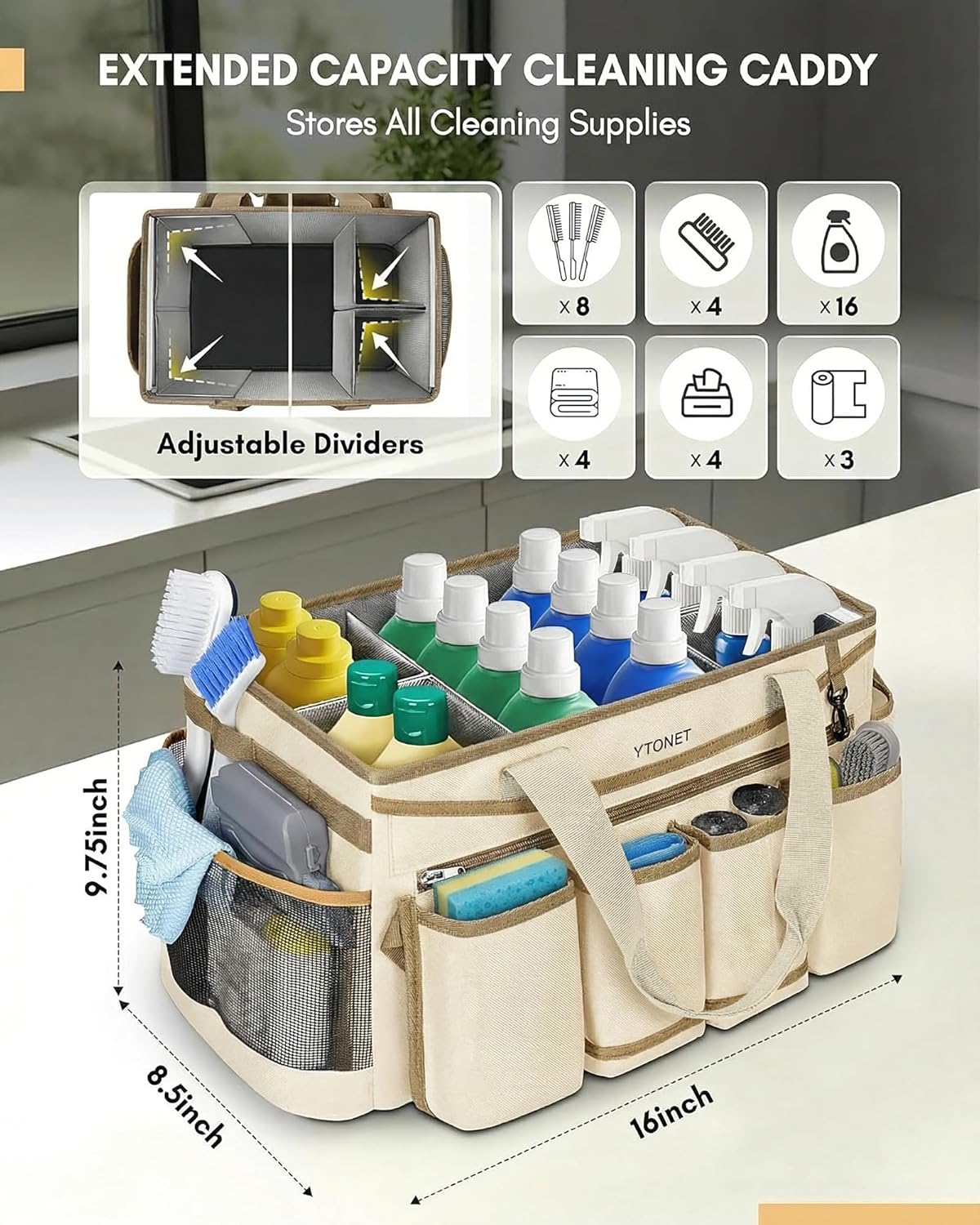 Ytonet Cleaning Caddy Bag with Detachable Apron, Extra Large Cleaning Supplies Organizer with Foldable Dividers, Portable Cleaner Tote with Handle, Cleaner Caddy for Kitchen, Detailing Bag, Apricot