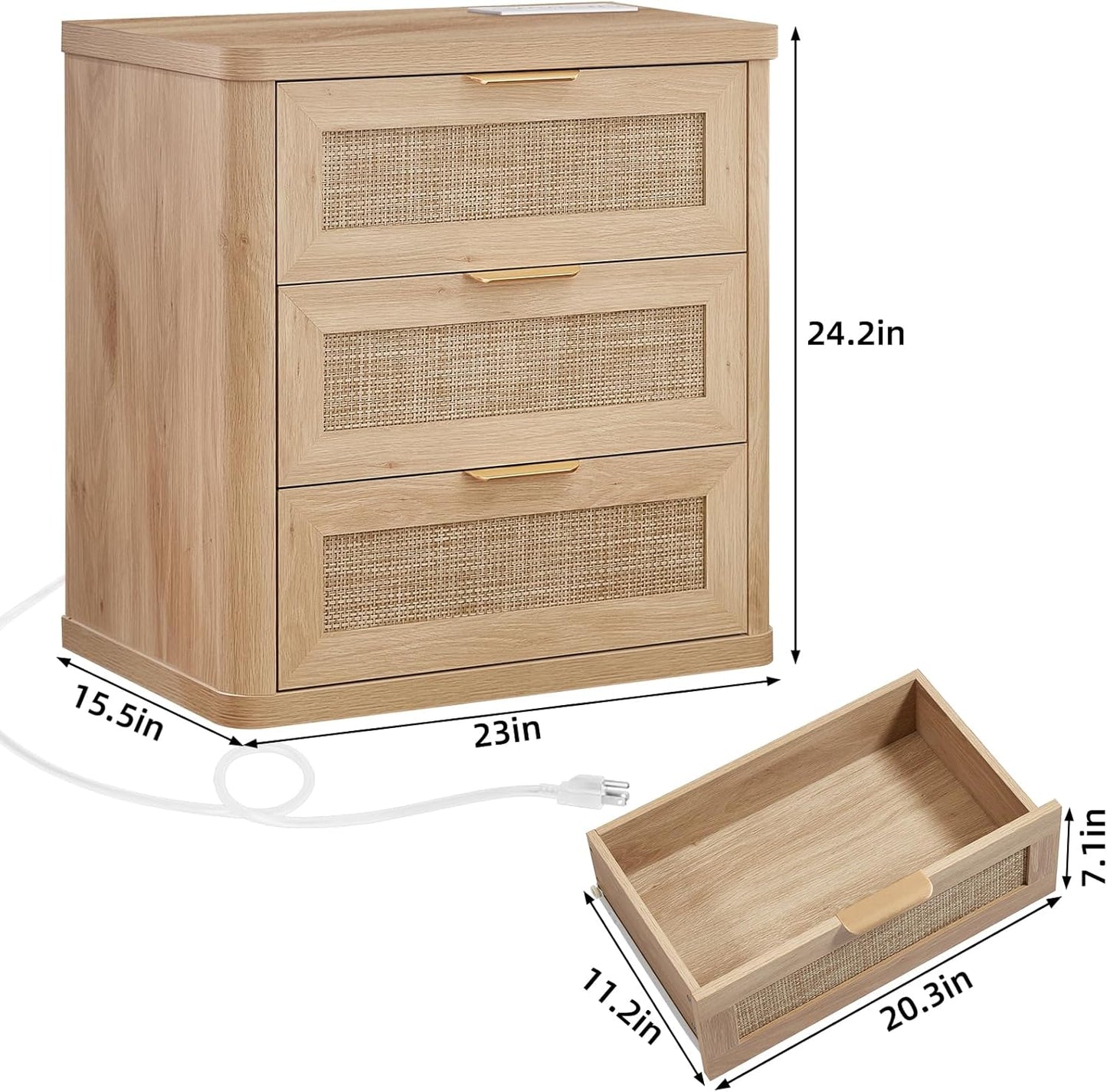 LEYAOYAO Rattan Night Stand Set of 2 with Charger Station, 23" Large 3 Drawer Boho Nightstand, Natural Wood Bedside Table Storage Cabinet, Bed Side End Tables for Bedroom, Living Room, Hallway