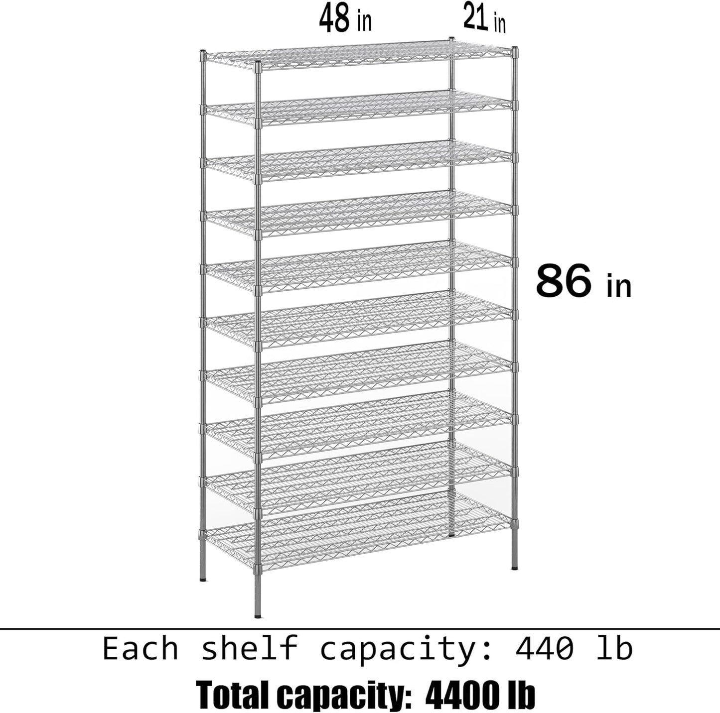21" Deep x 48" Wide x 86" Height Wire Shelving Kit | 10-Tier | NSF Commercial Storage Rack Unit