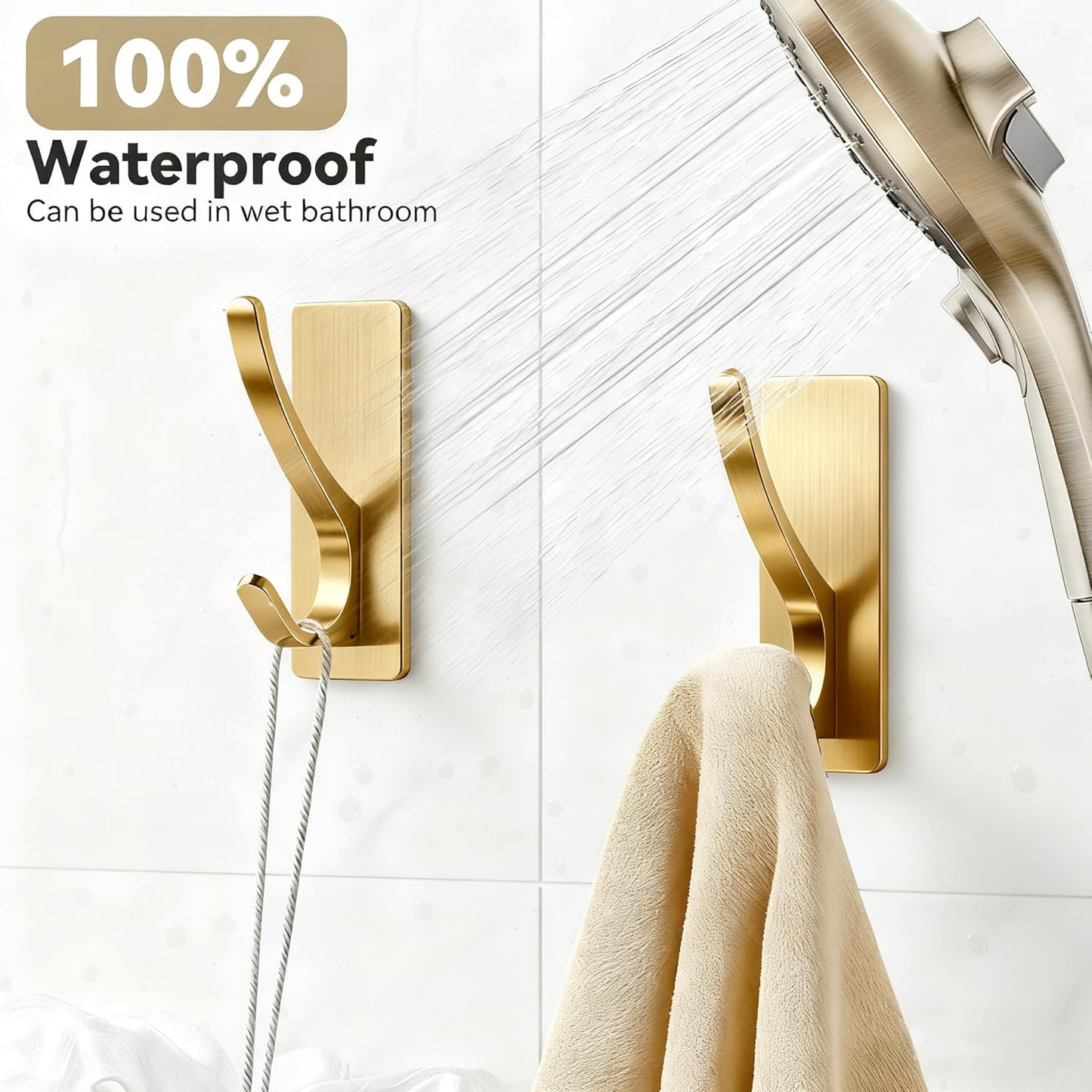 pickpiff Self Adhesive Coat Hooks for Hanging, Heavy Duty Stainless Double Wall Hook for Towel, Backpack, Hat, Sturdy Metal Hanger for Bathroom, Bedroom, Door, Wall Mounted, 6-Pack, Brushed Gold